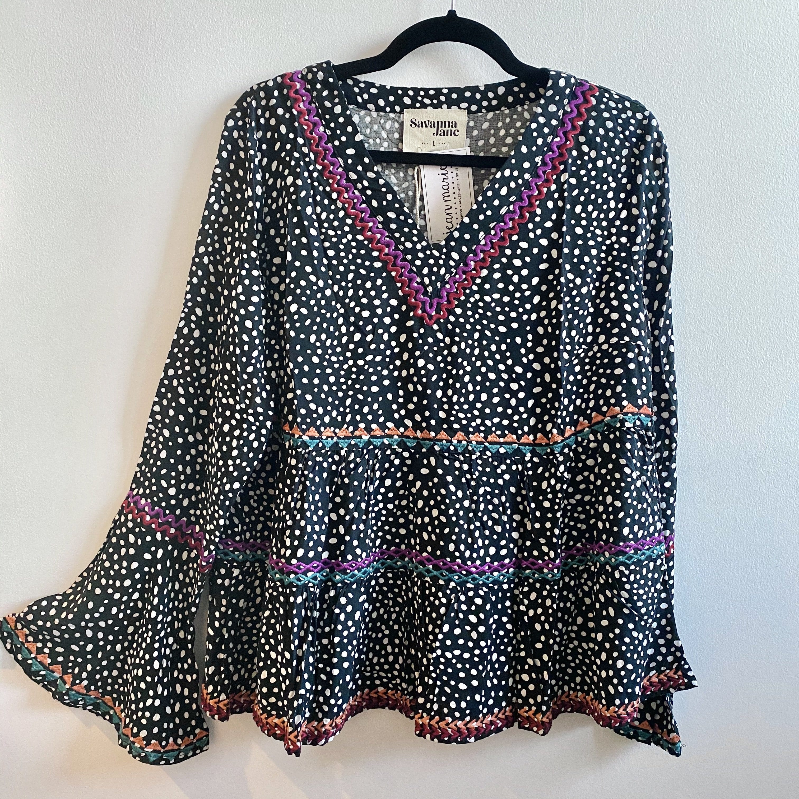 Leopard Embroidered Bell Sleeve Babydoll Top