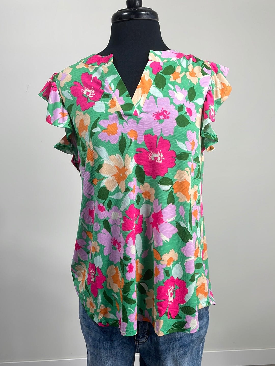 Pink & Peach Floral Ruffle Sleeve Top