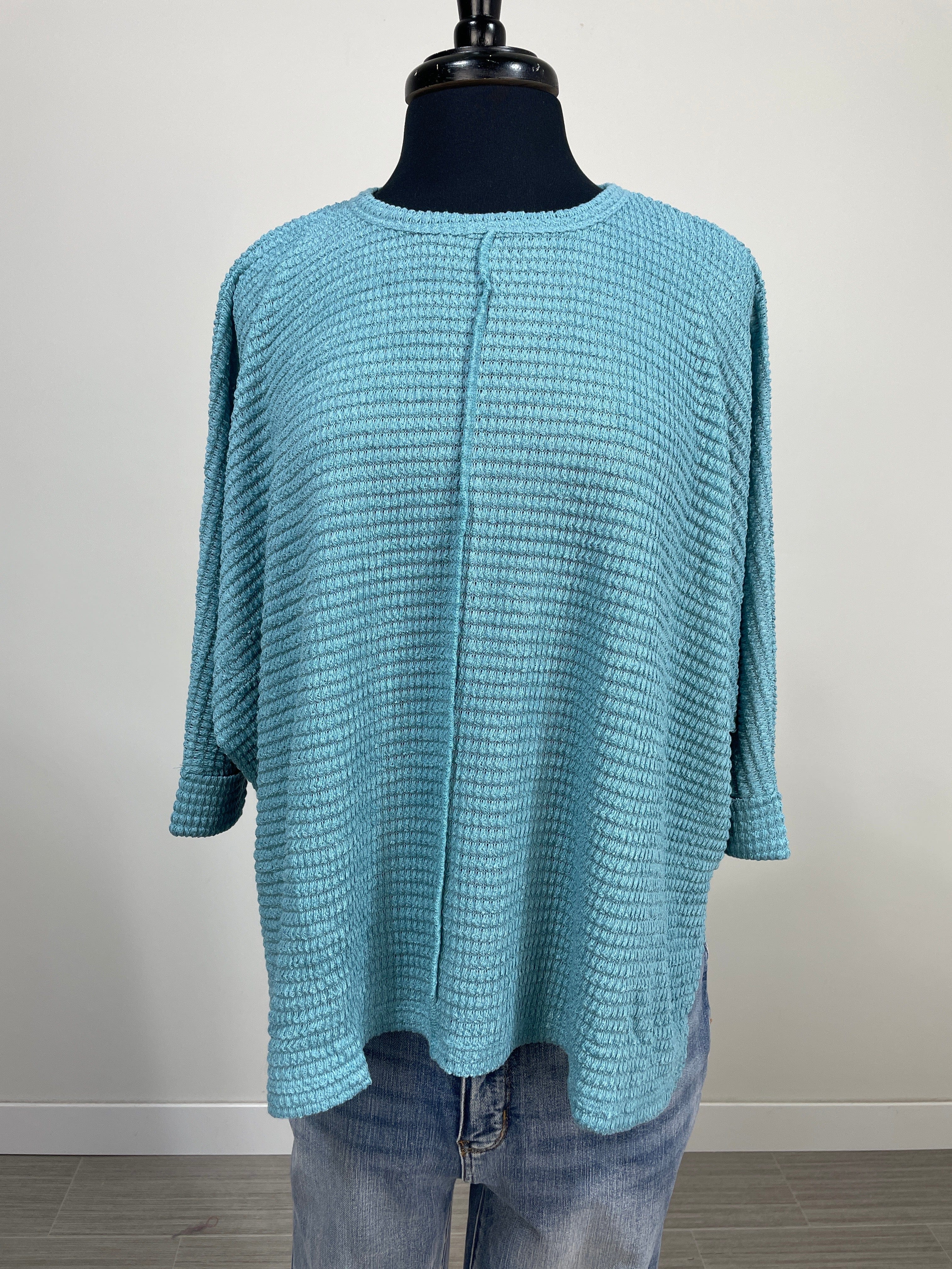 Dusty Teal Batwing Sleeve Jacquard Sweater