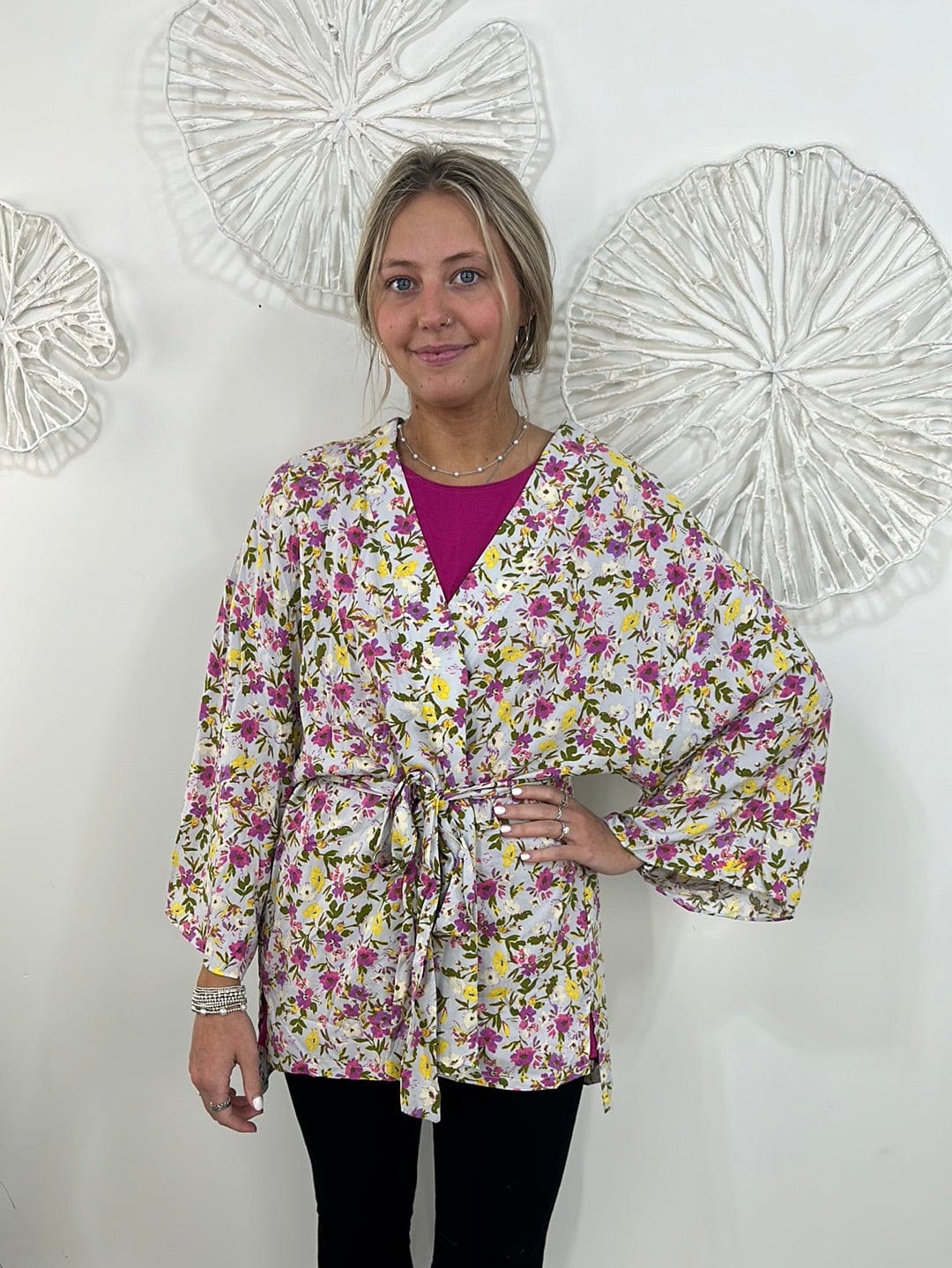 Pink Floral Waist Tie Cardigan