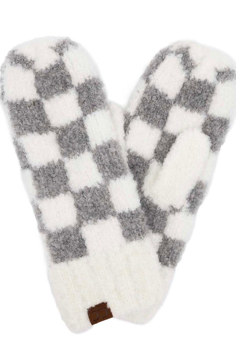 Light Grey White Checkered Boucle Mittens