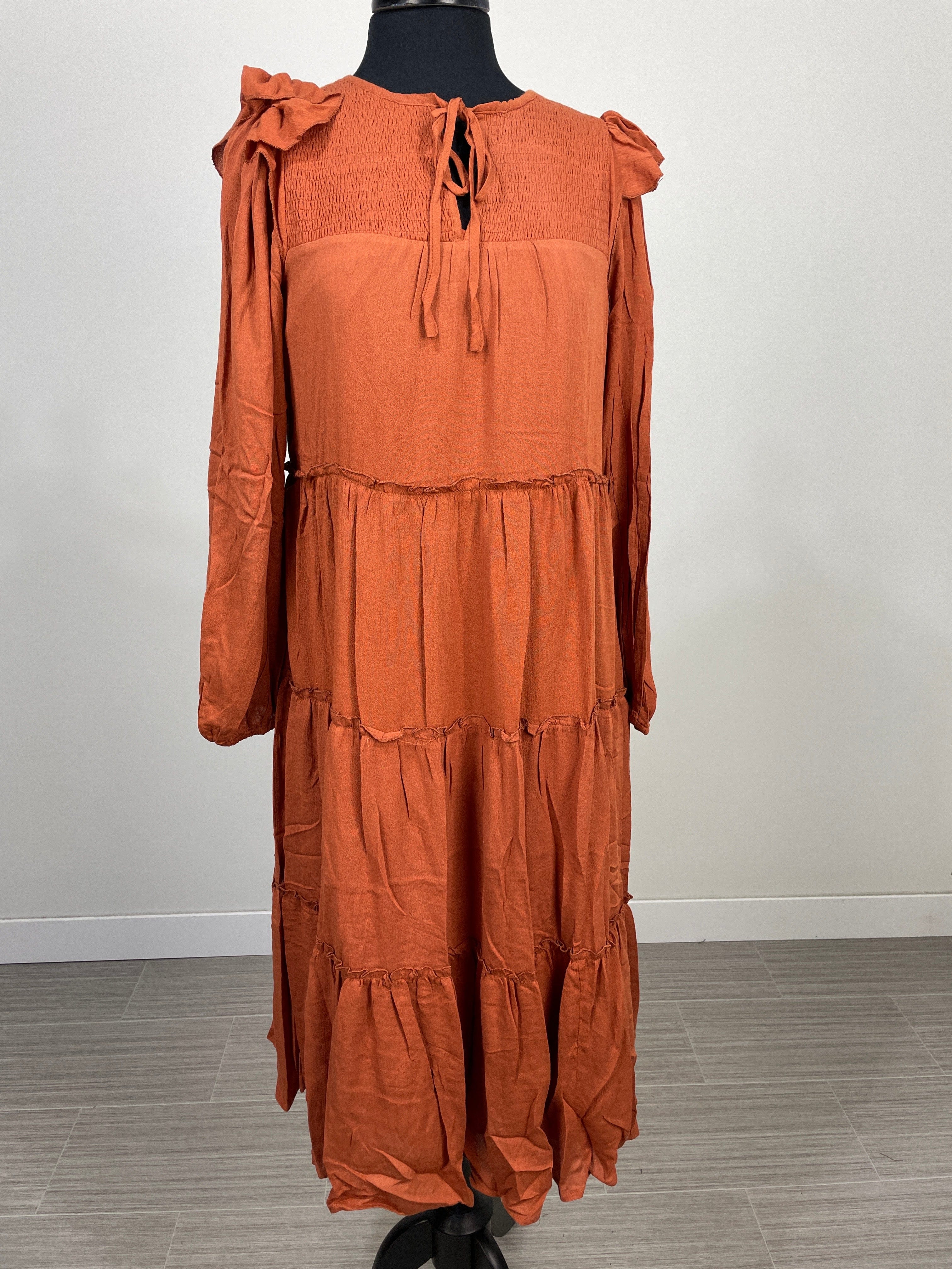 Rust Smocked Tiered Midi Dress