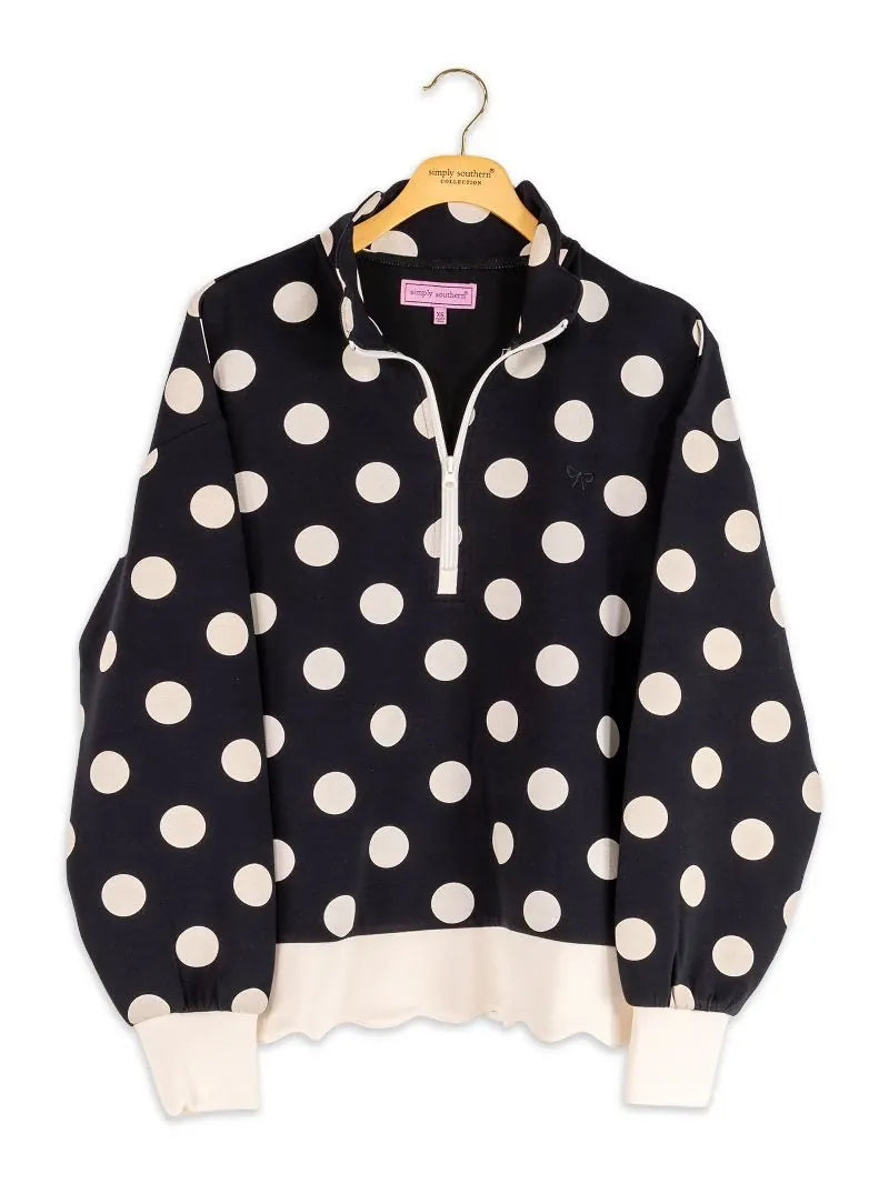 Black Polka Dot Scallop Zip Pullover