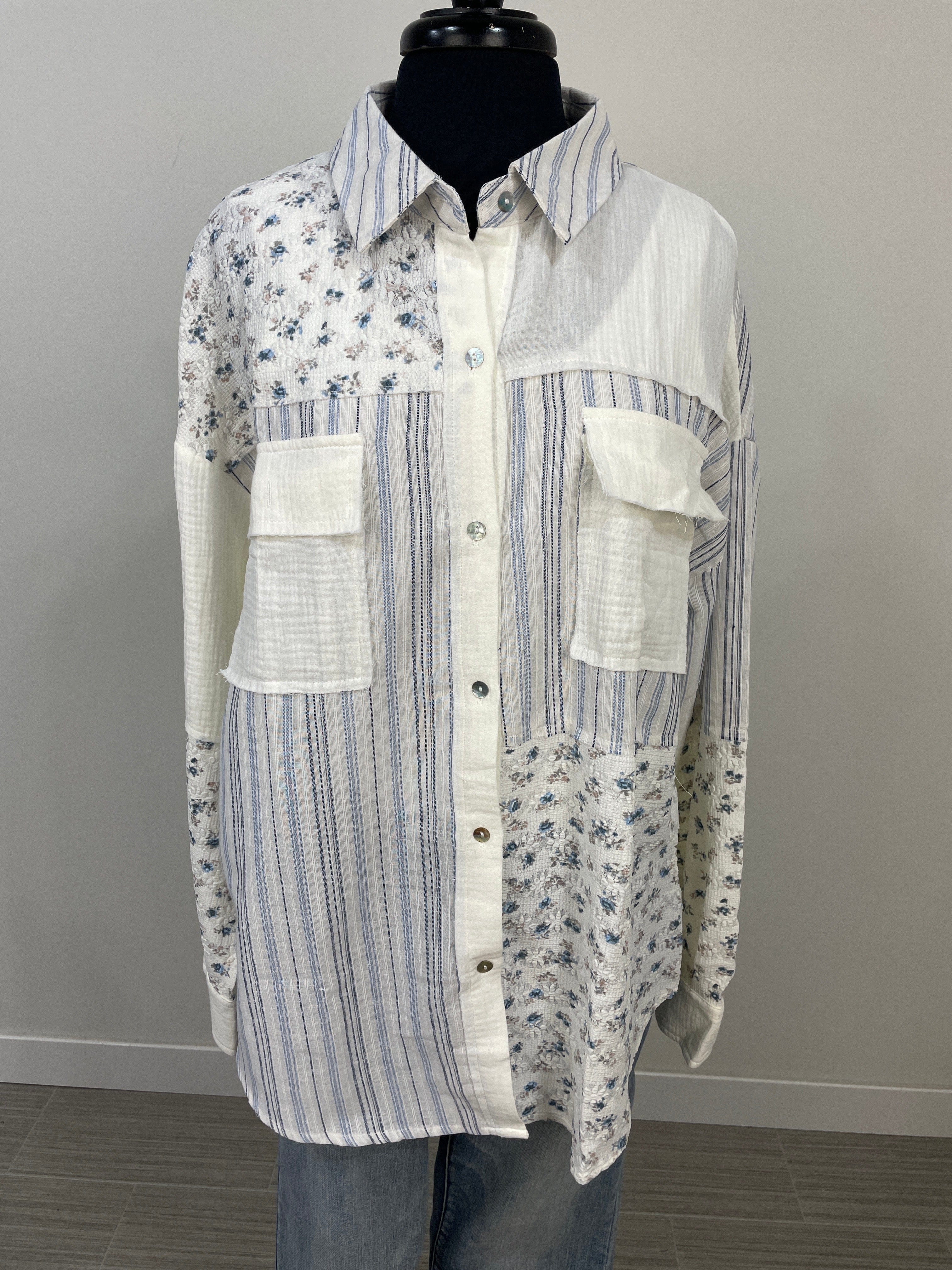 Blue Mix Media Button Down Shirt