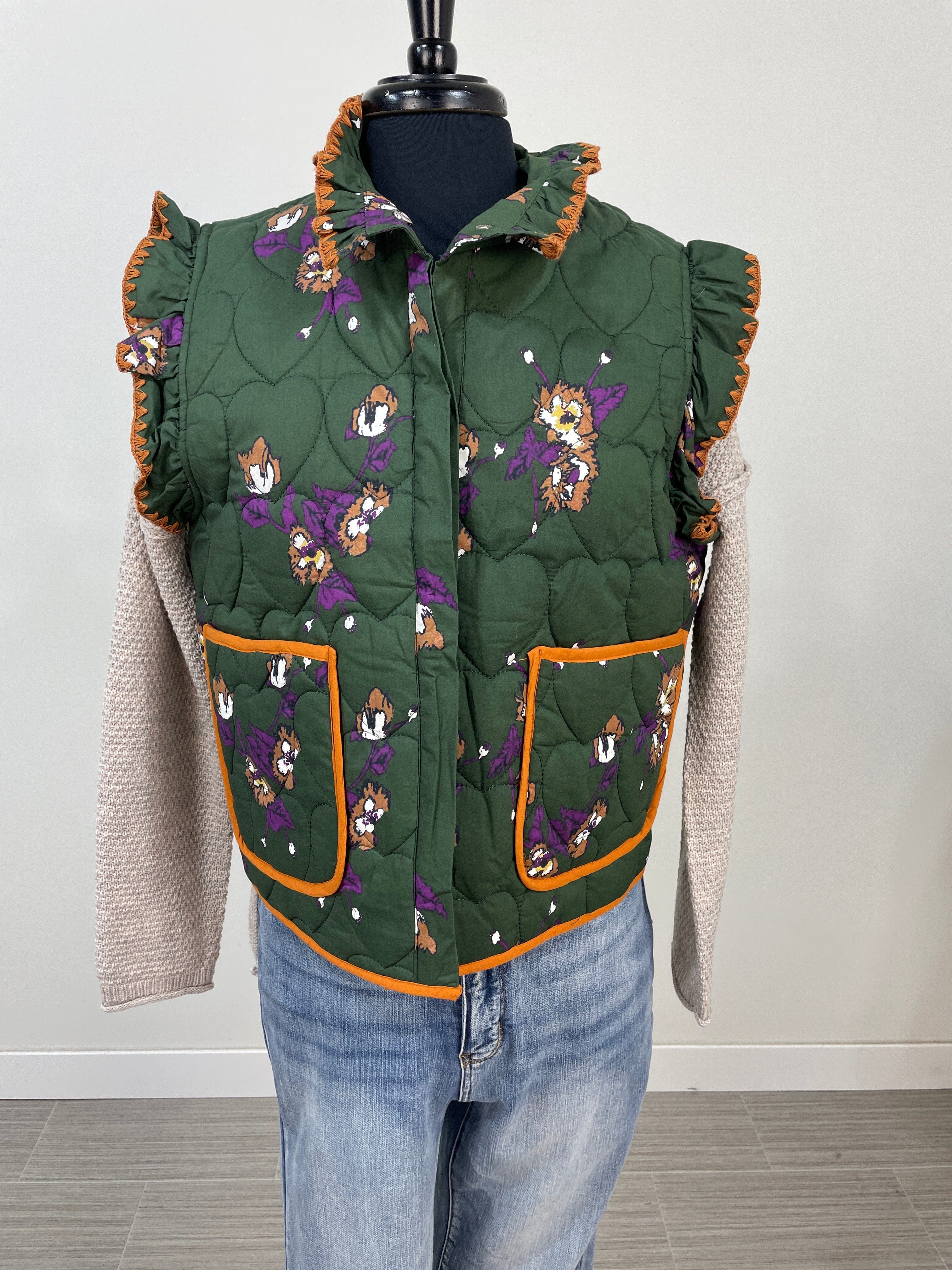 Olive Mix Floral Quilted Vest with Ruffles
