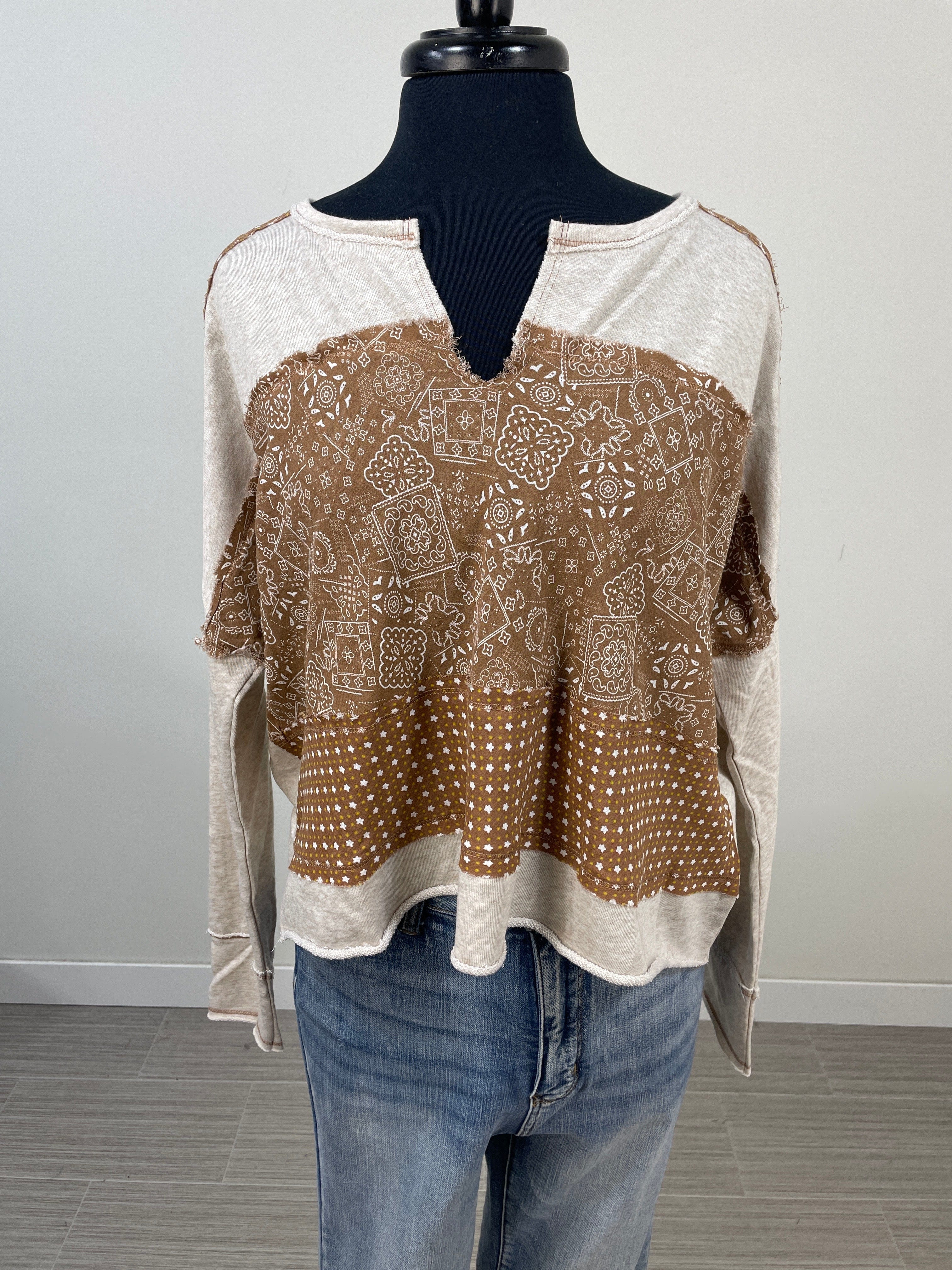 Oatmeal Boho Patch Top