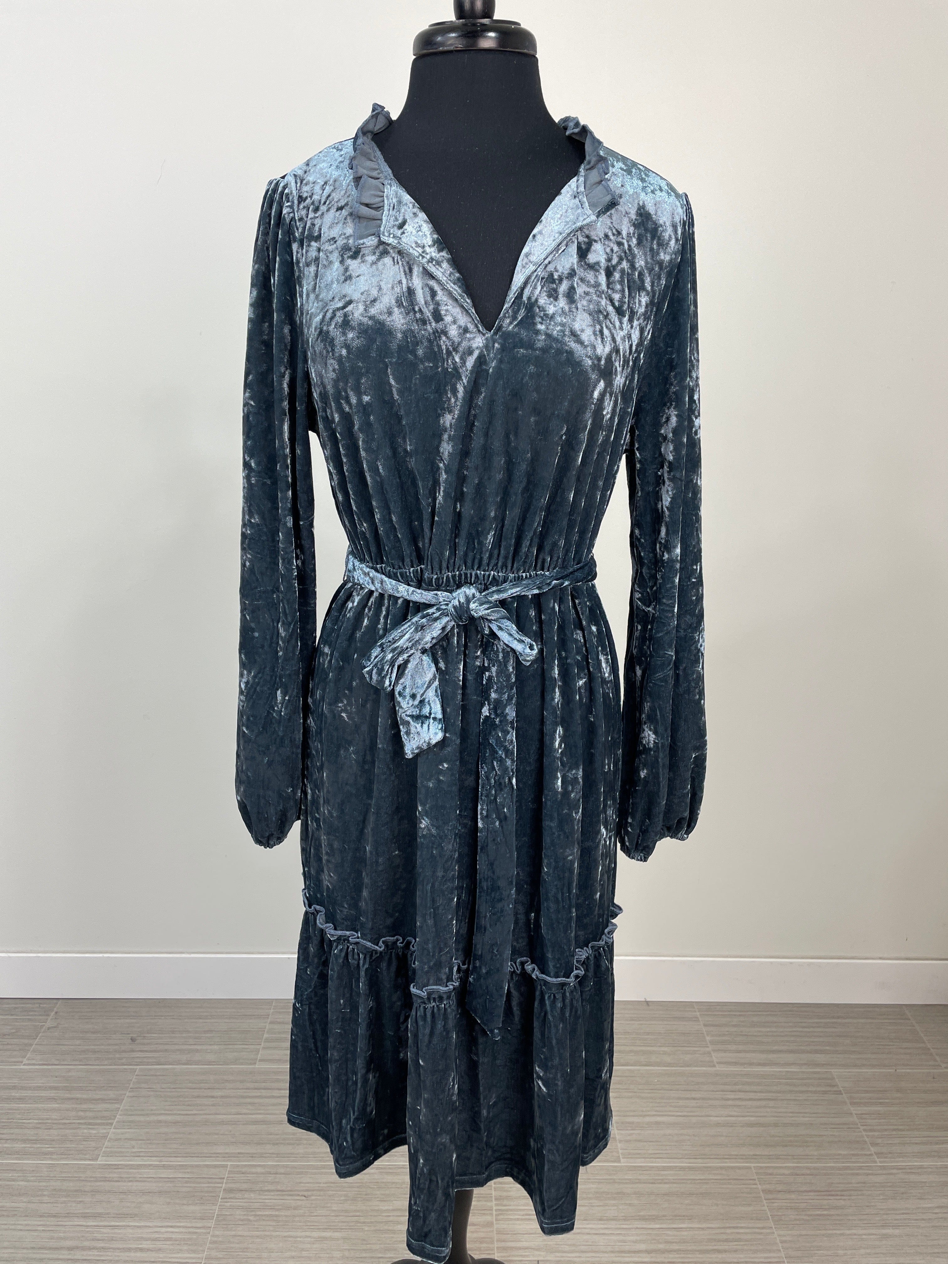 Blue Crushed Velvet Midi Dress