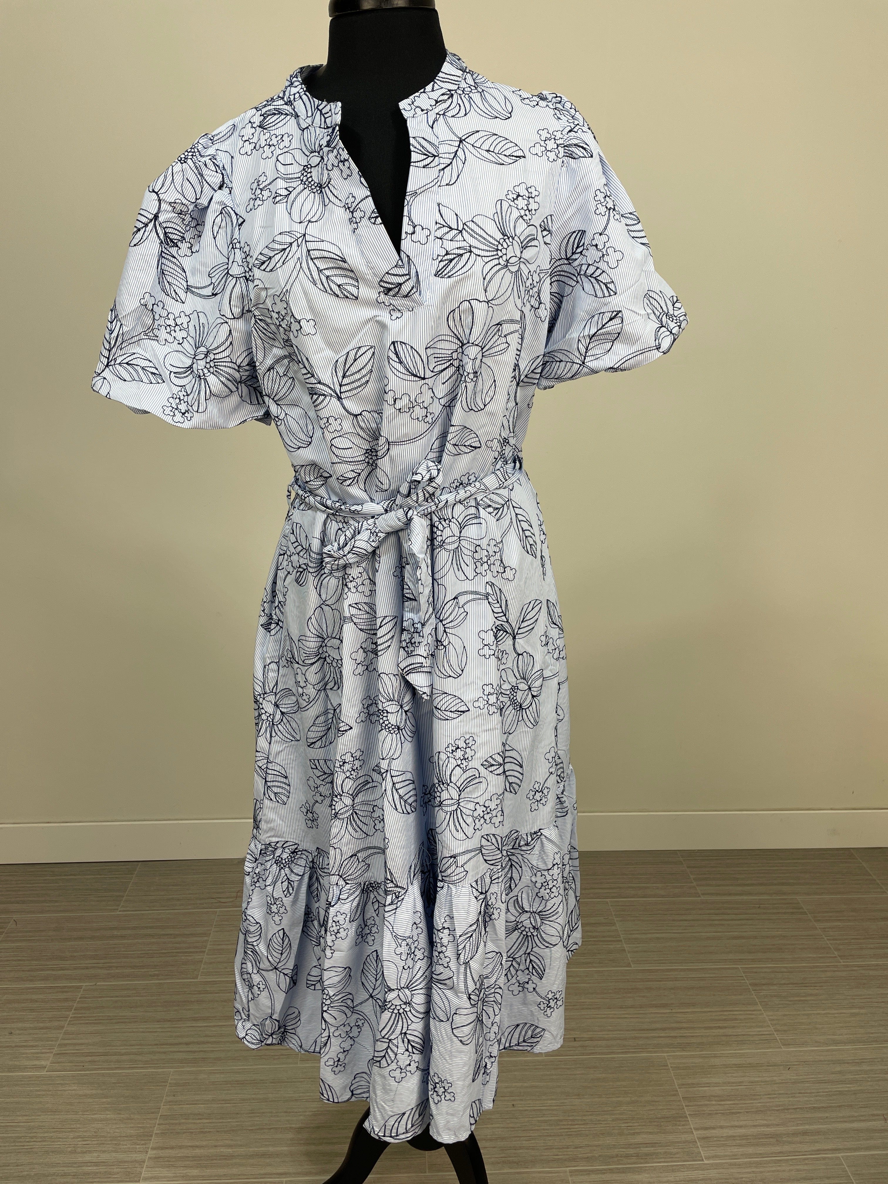 Blue Stripe & Embroidered Detail Puff Sleeve Midi Dress