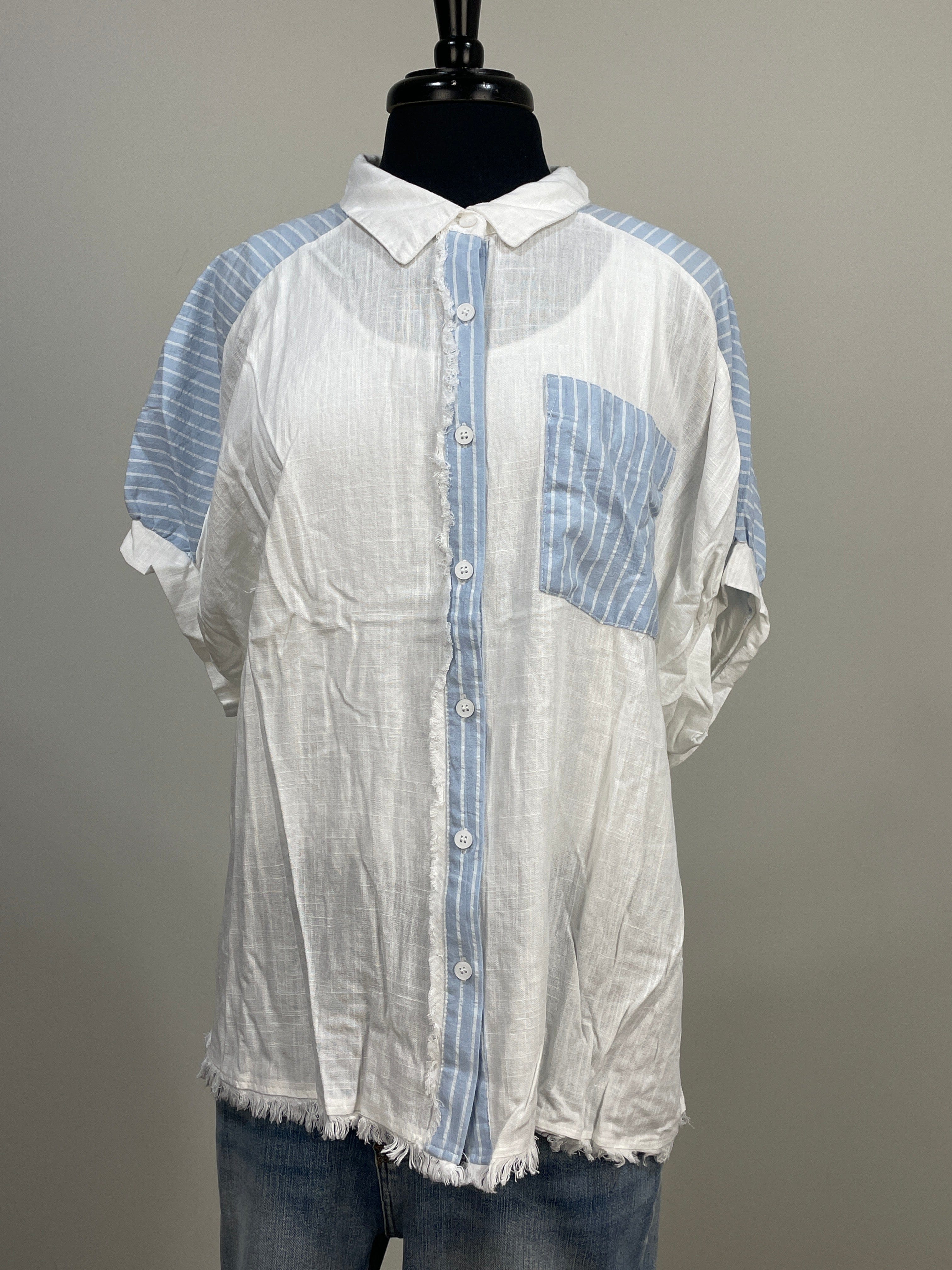 Off White with Blue Striped Detail Button Down Top