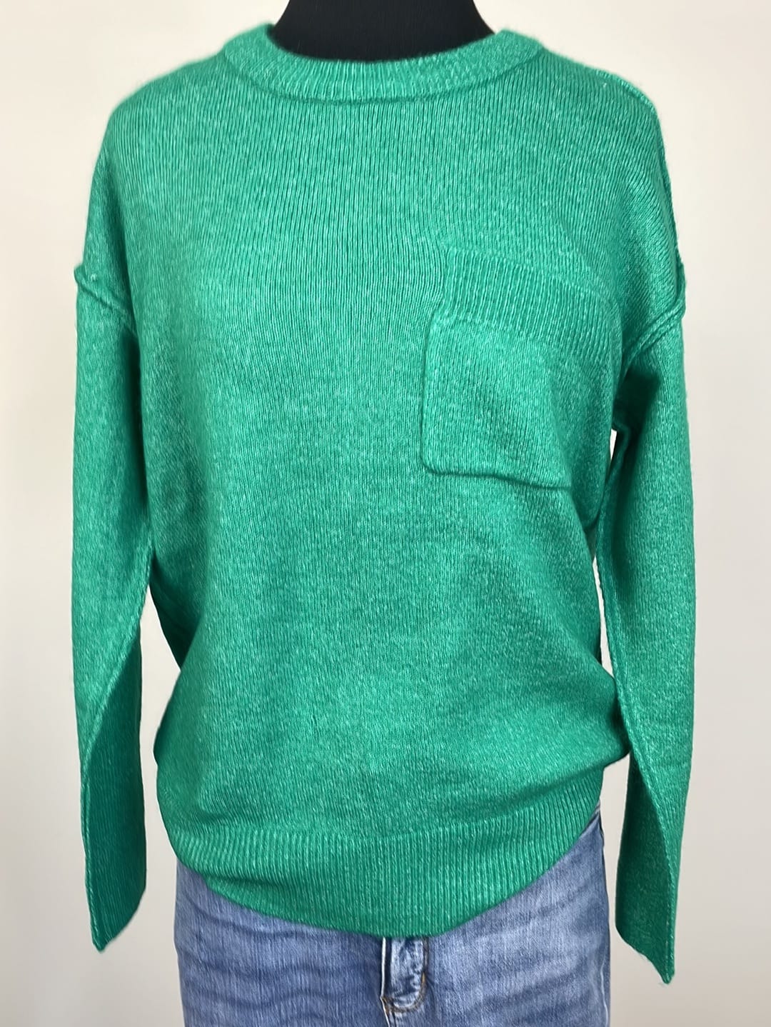 Heather Kelly Green Pocket Round Neck Sweater
