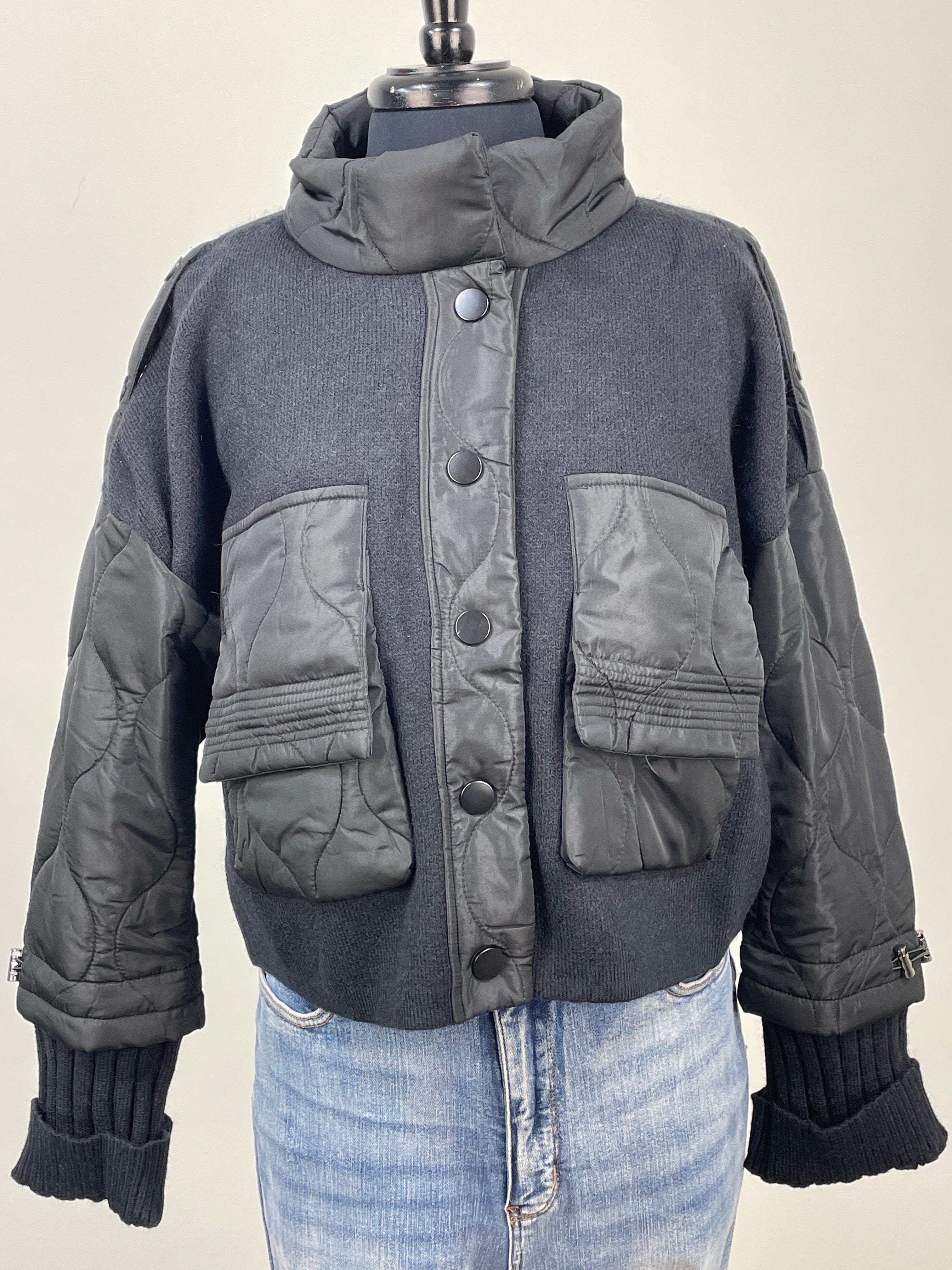 Black Dual Texture Cozy Bomber Jacket