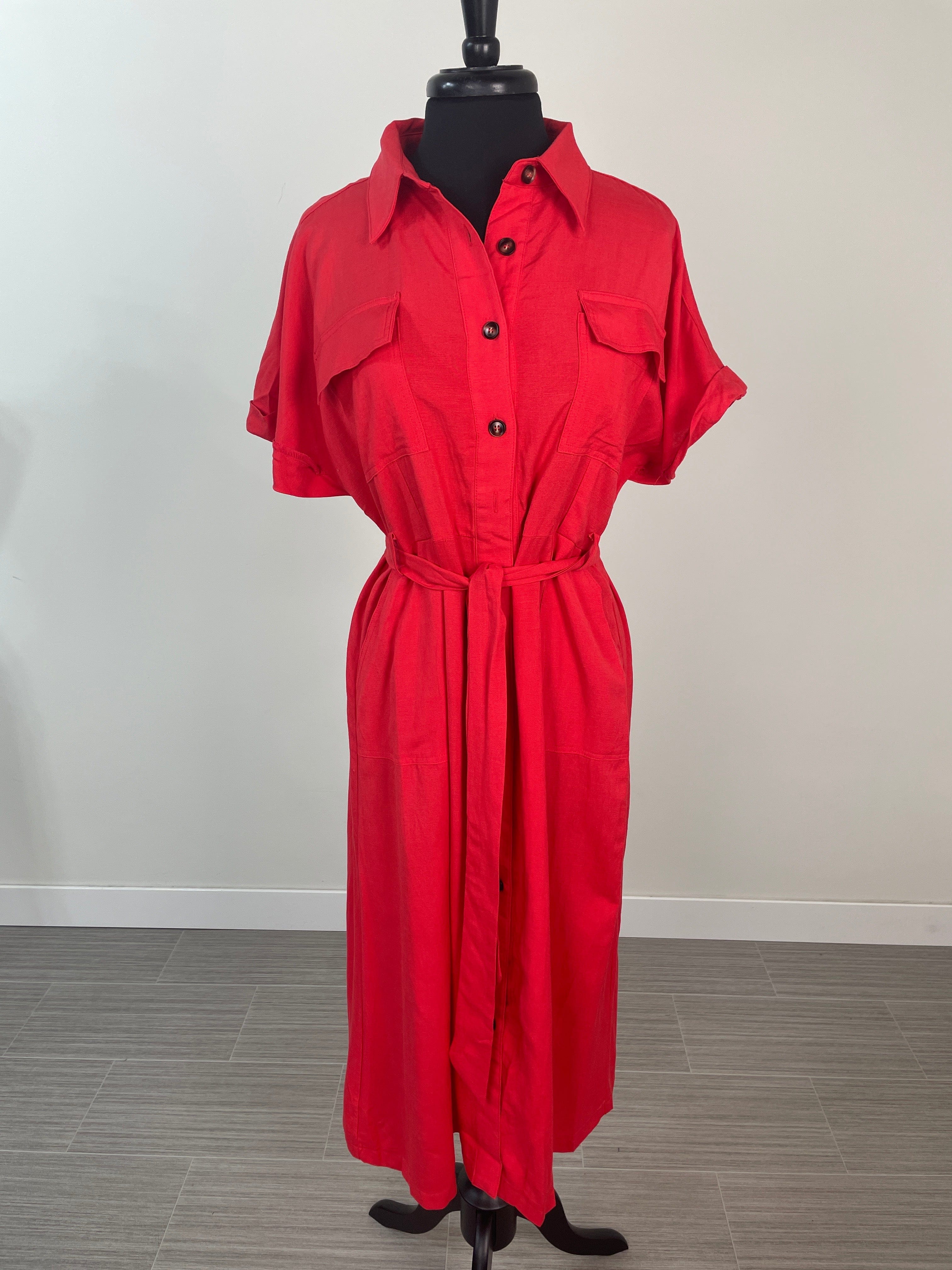 Red Linen Shirt Dress
