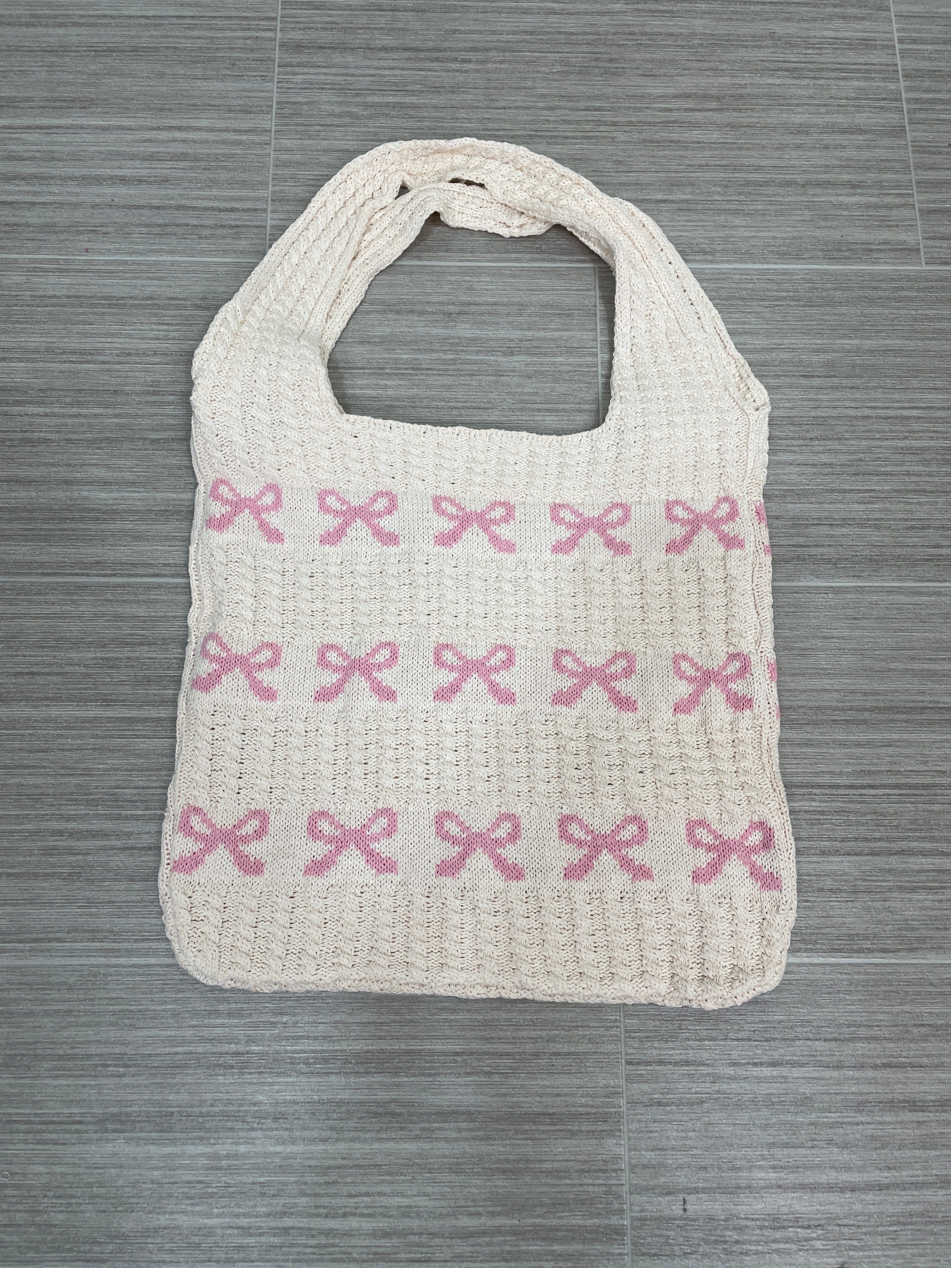 Ivory & Pink Bow Crochet Bag
