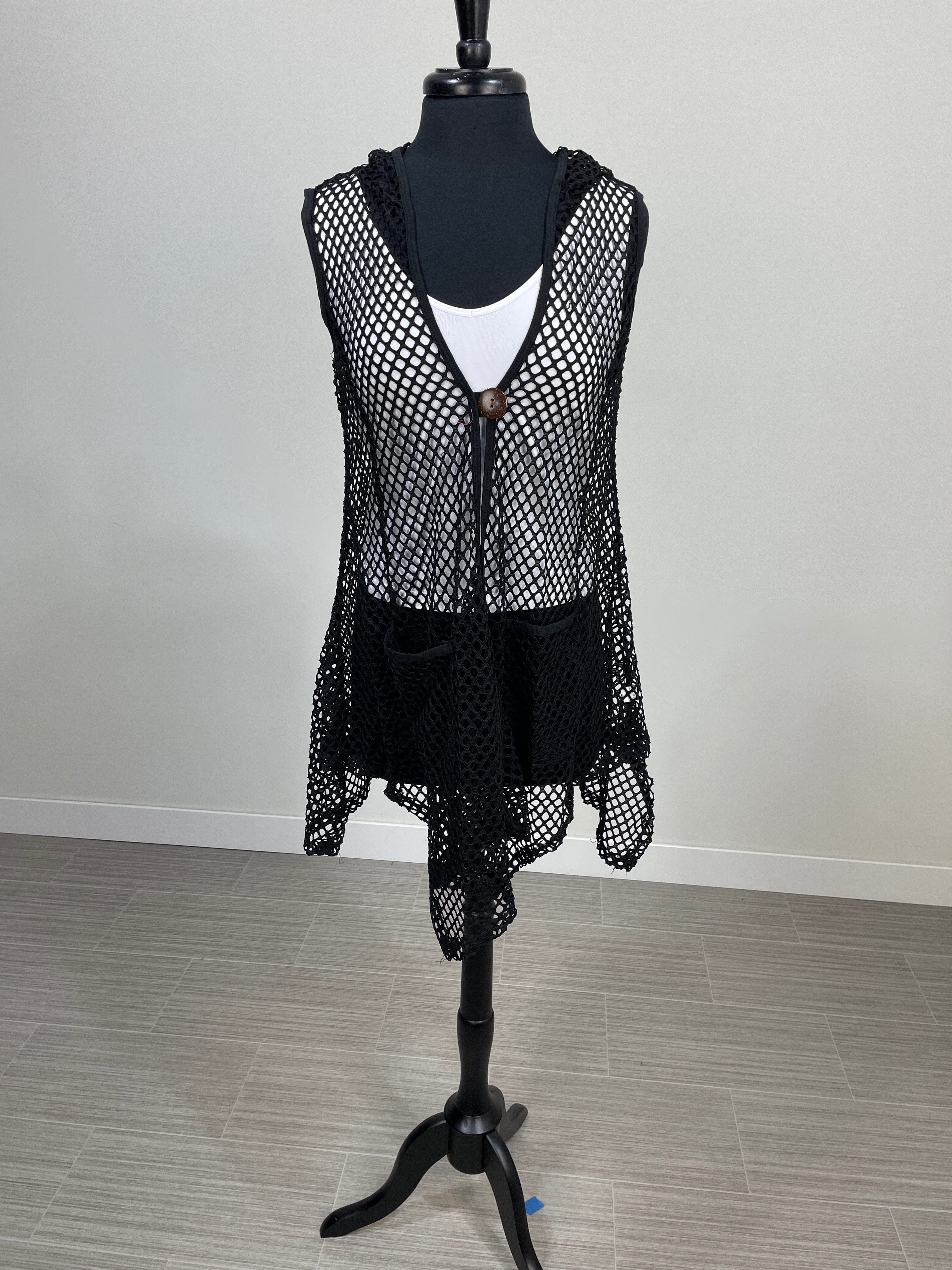 Black Open Knit Hooded Coverup