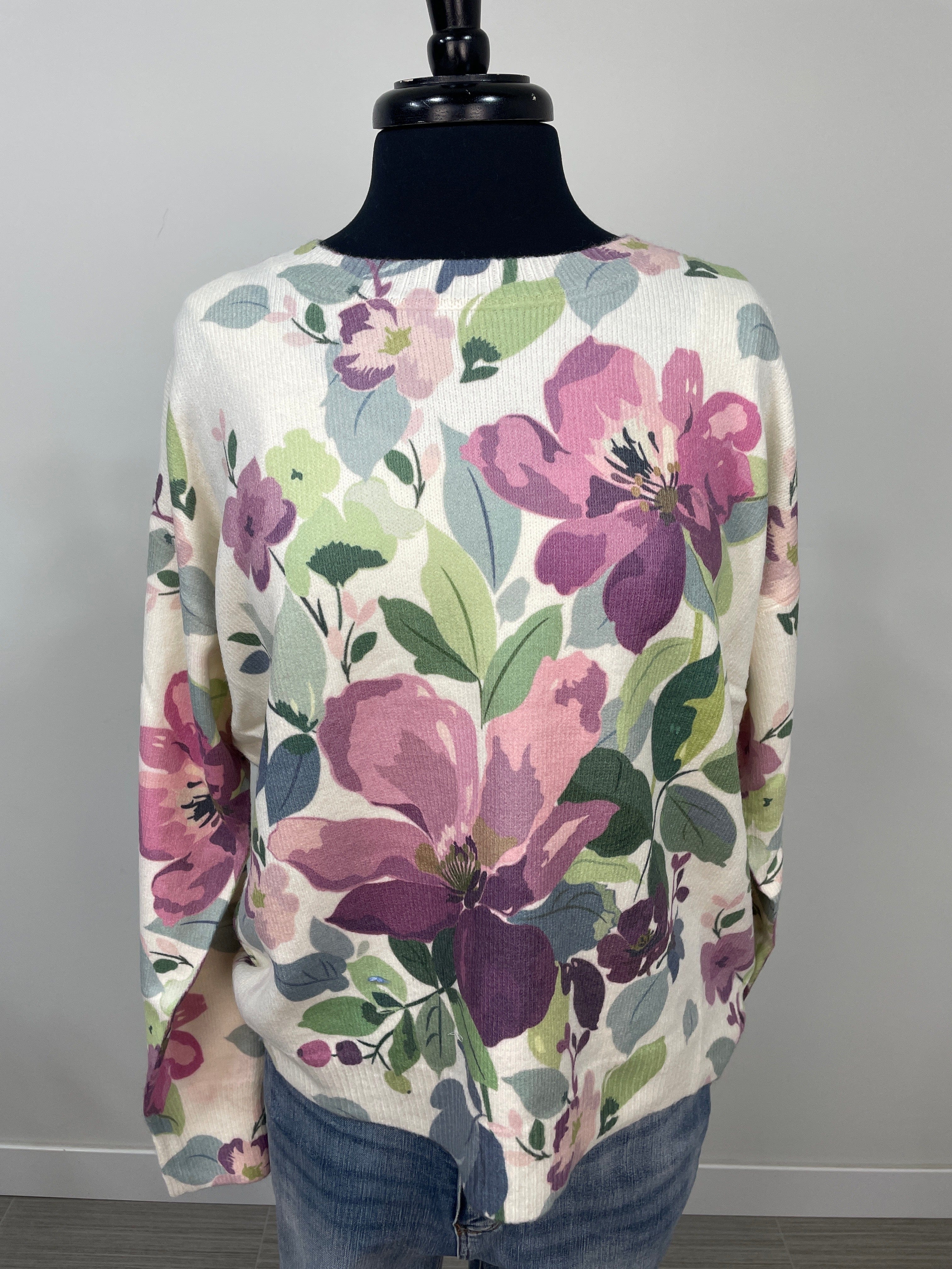 Purple Floral Print Crew Neck Sweater