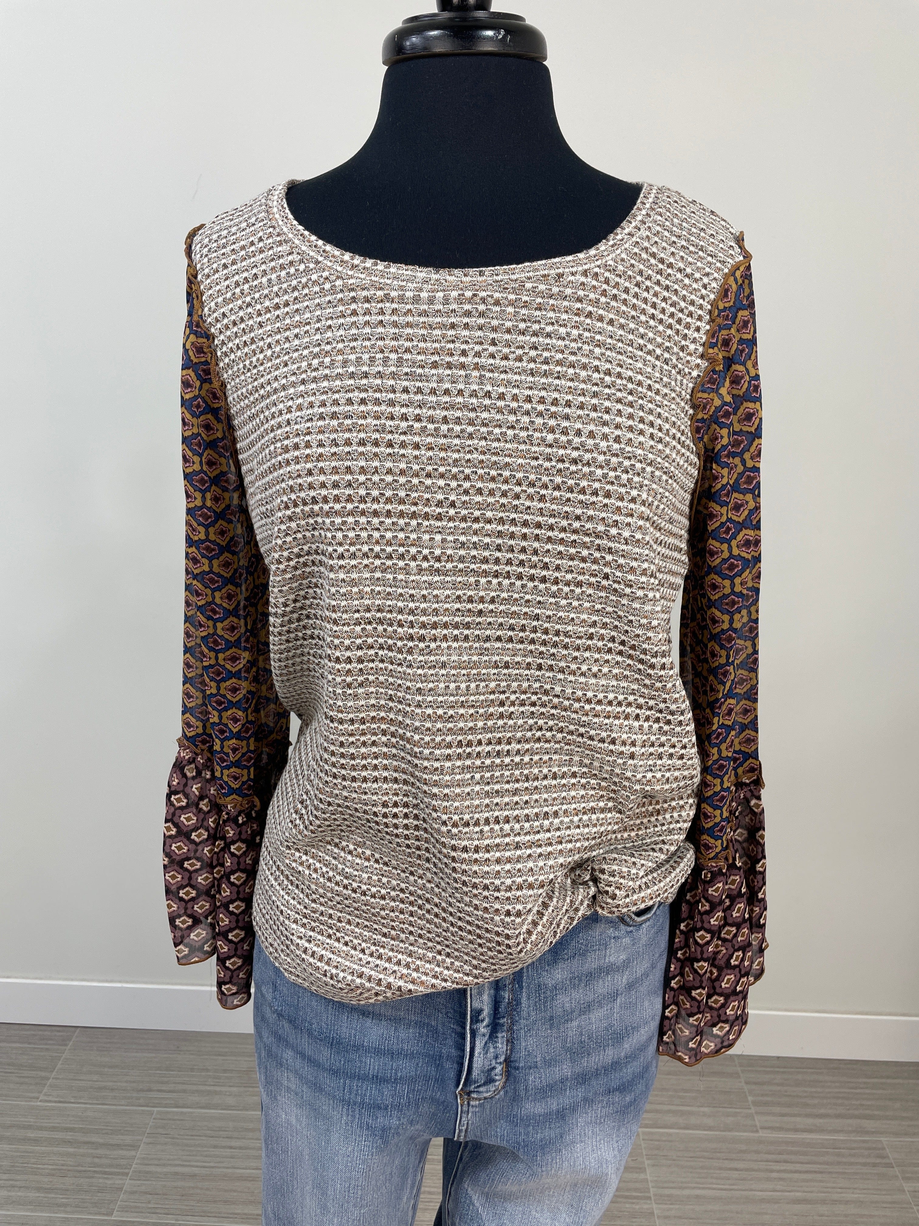 Mustard & Navy Printed Sleeve Top