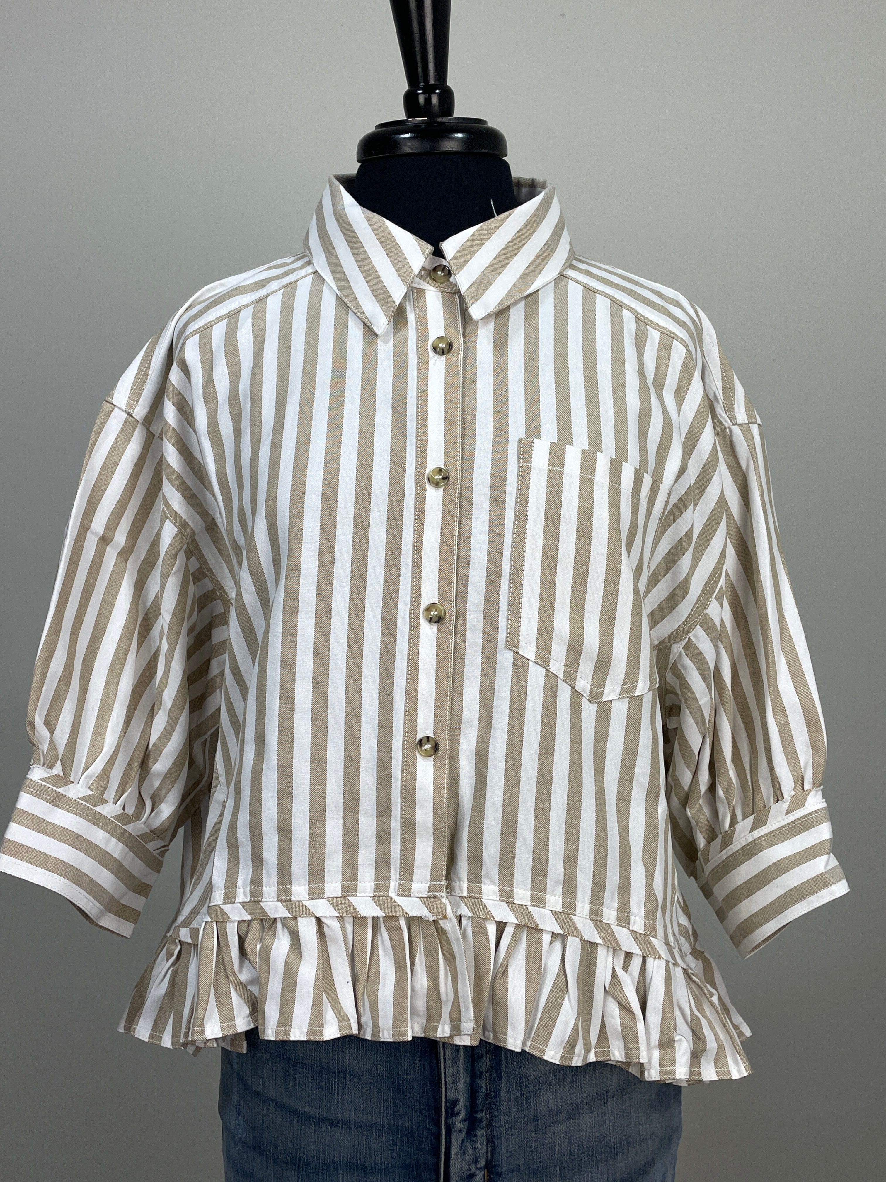 Latte Stripe Woven Ruffle Hem Shirt