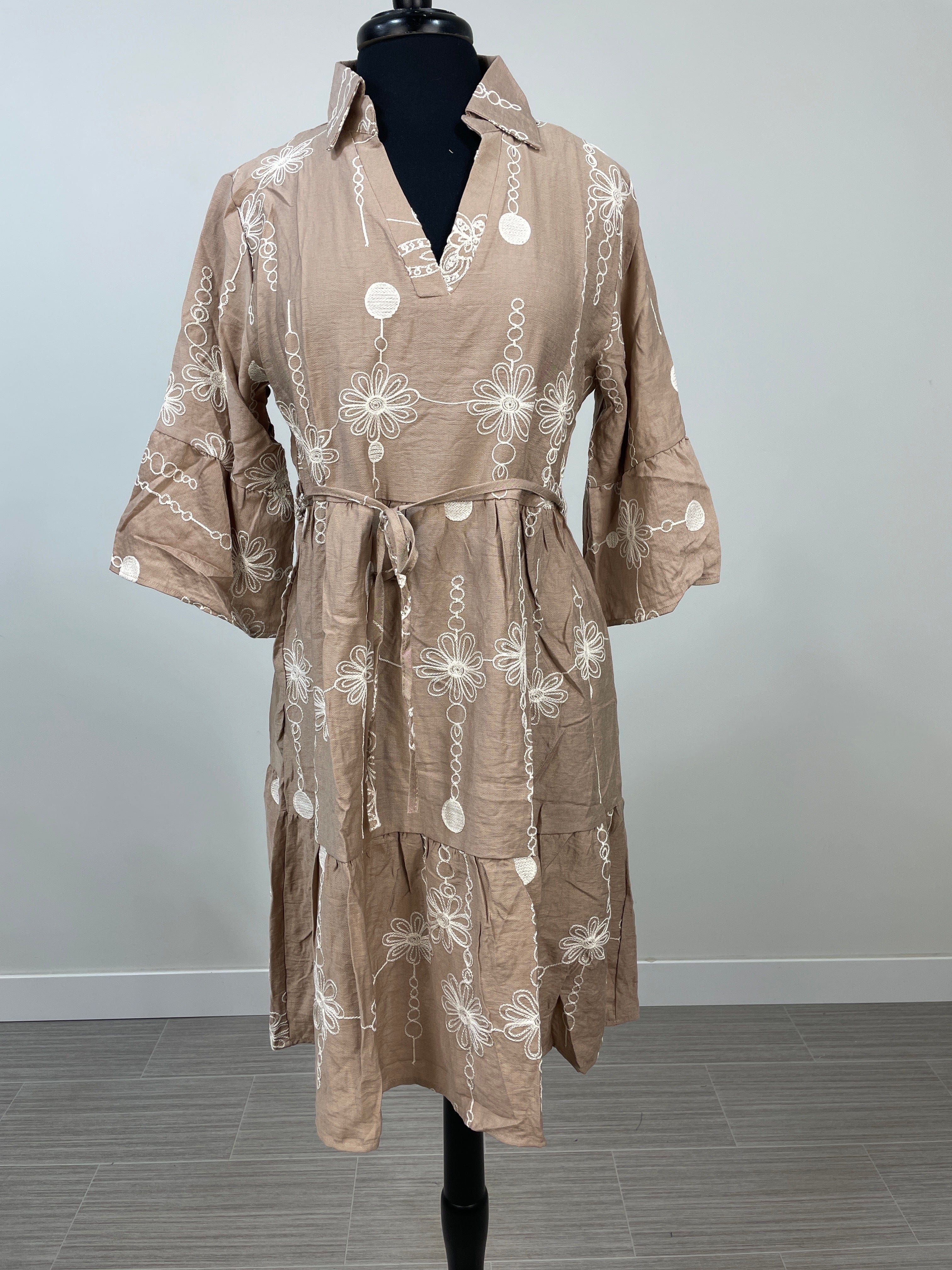 Khaki Floral Embroidered Dress