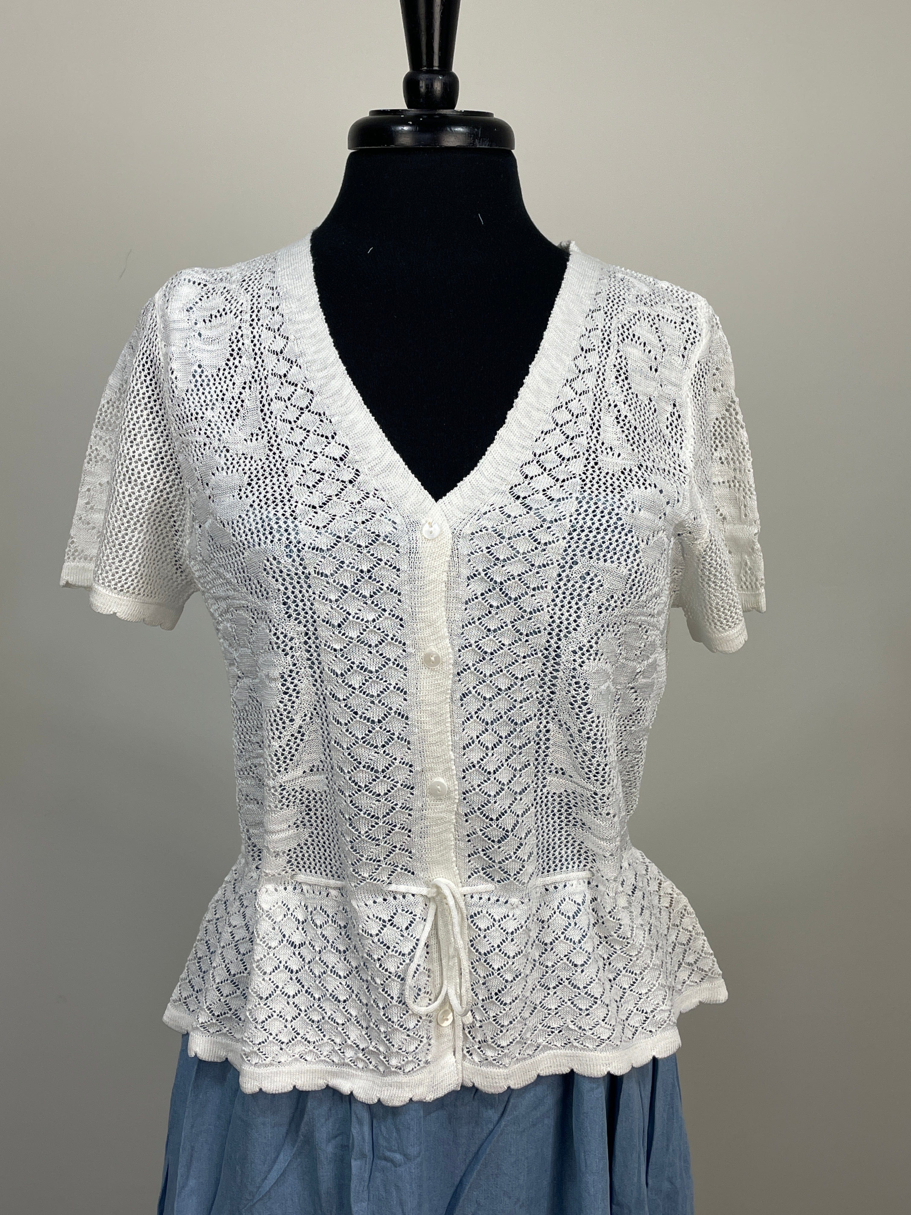 Ecru Front Button Pointelle Knit Top