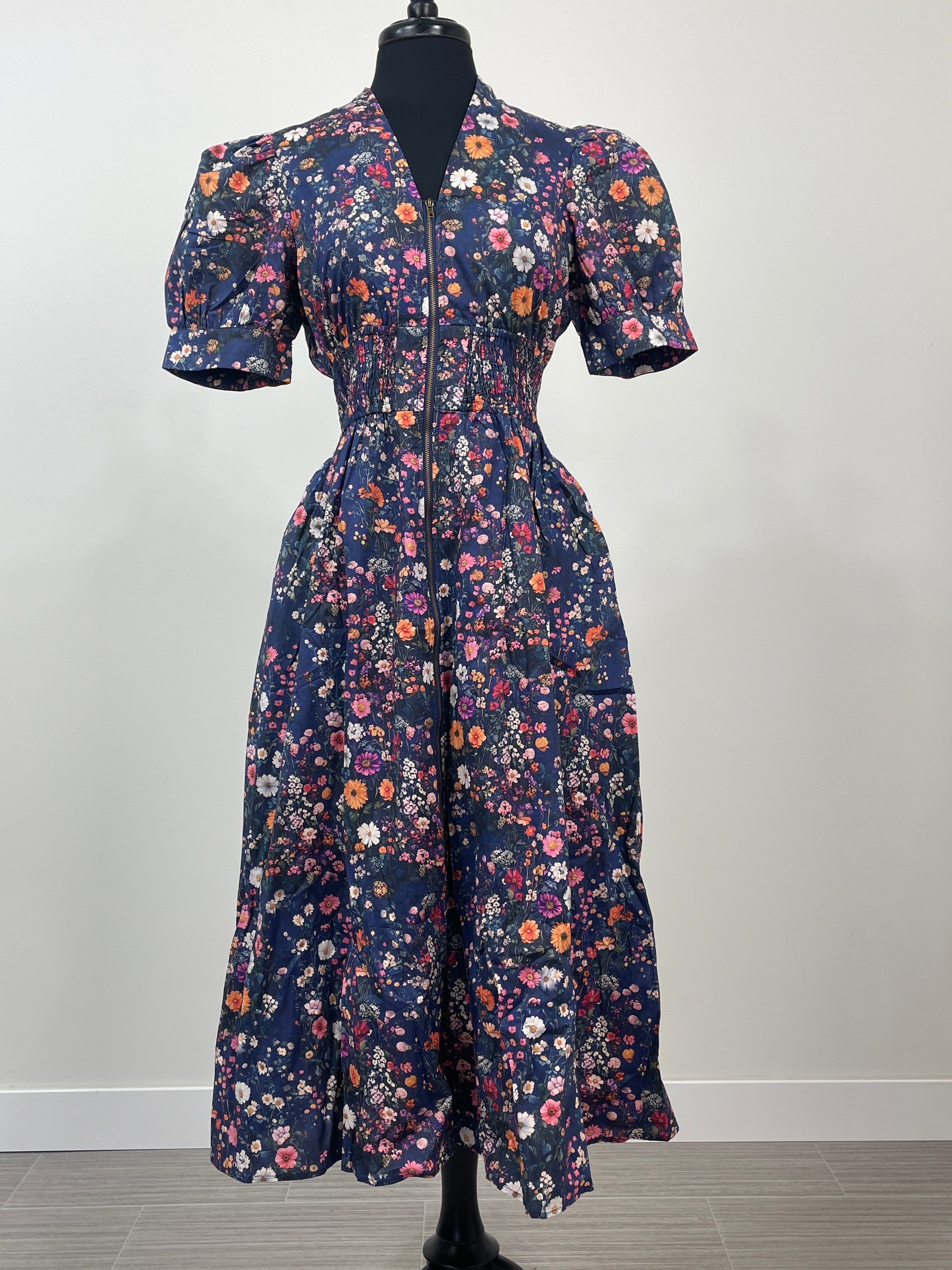 Navy Floral Zipper Midi Dress