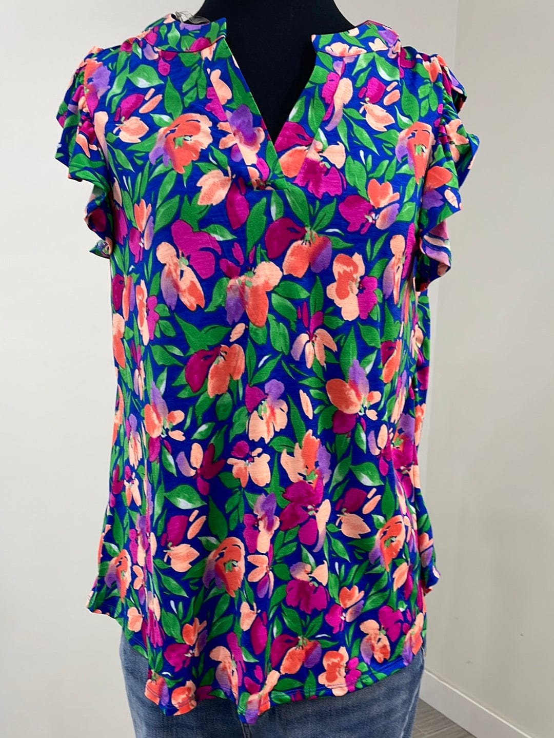 Royal Floral Festival Cap Ruffle Sleeve Top