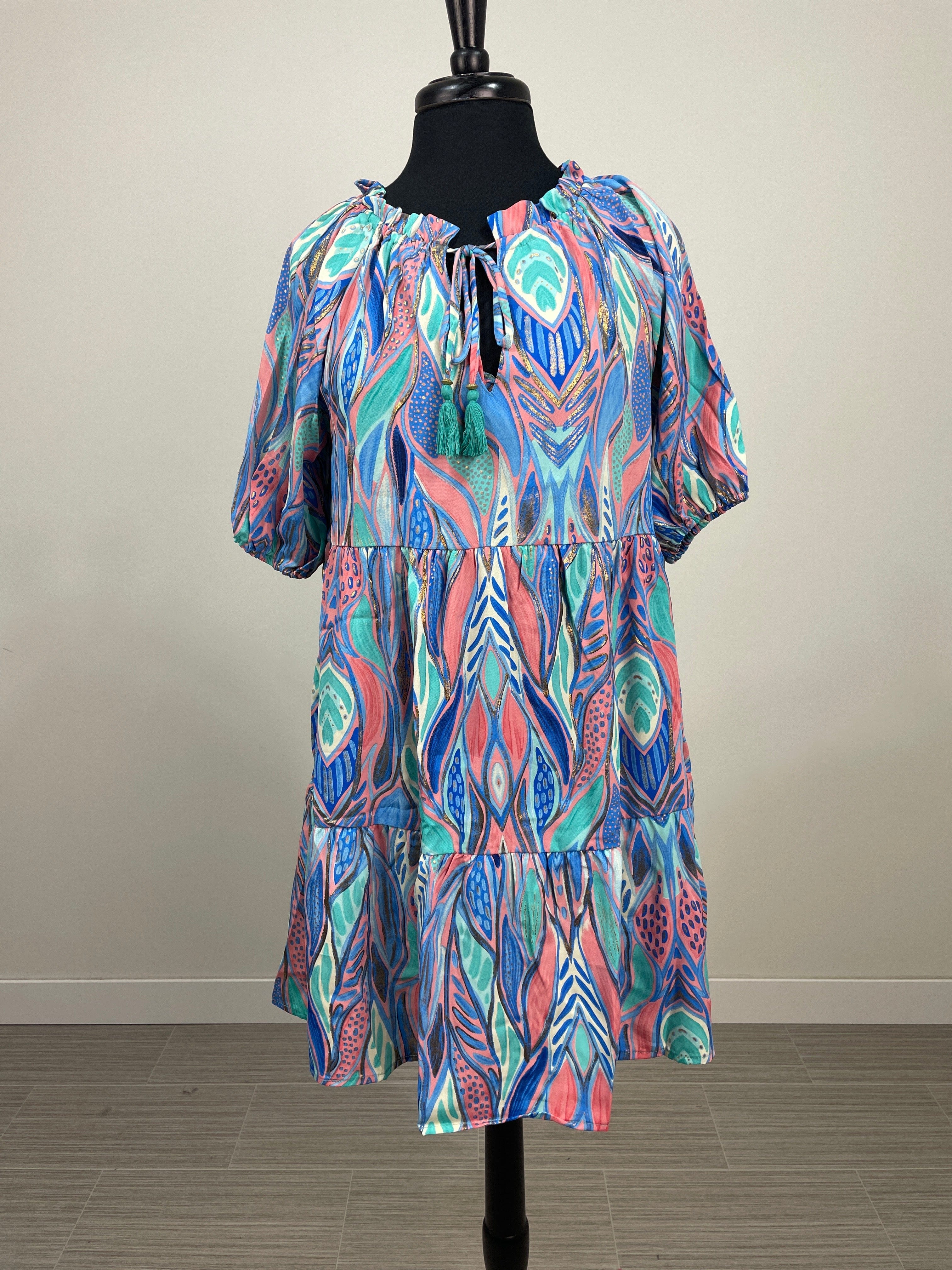 Blue & Coral Metallic Tier Dress