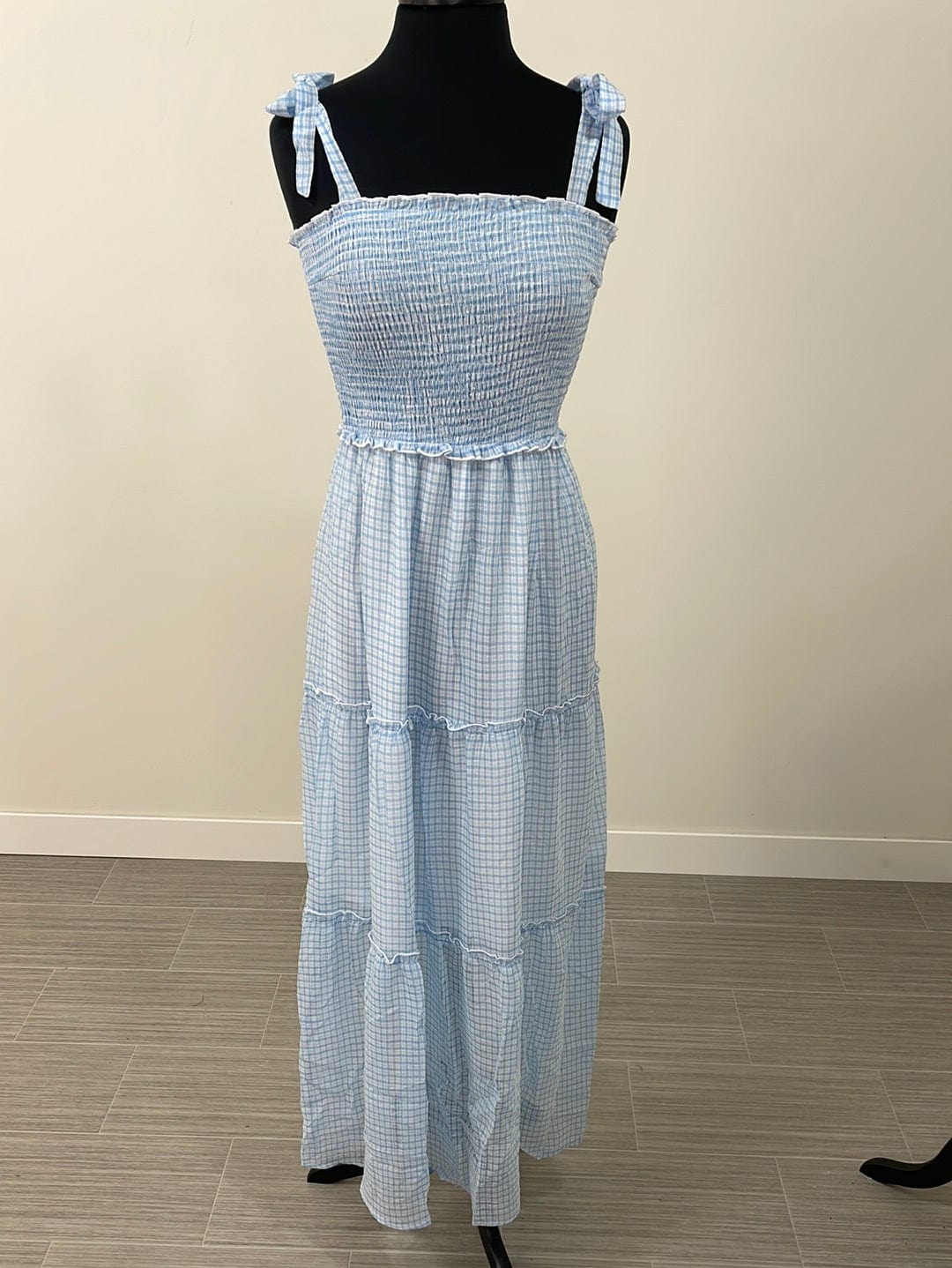 Blue Tie Shoulder Check Chiffon Dress