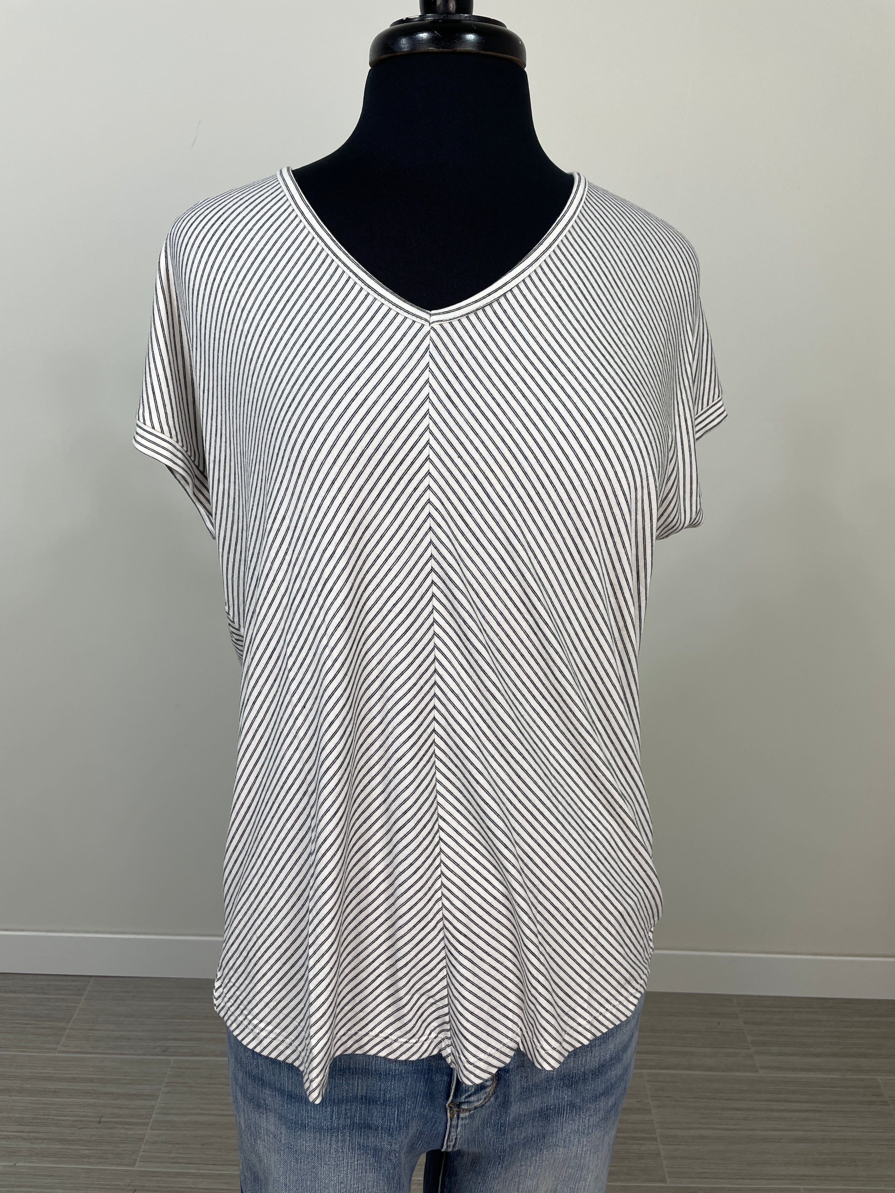 Black Pin Stripe V-Neck Top
