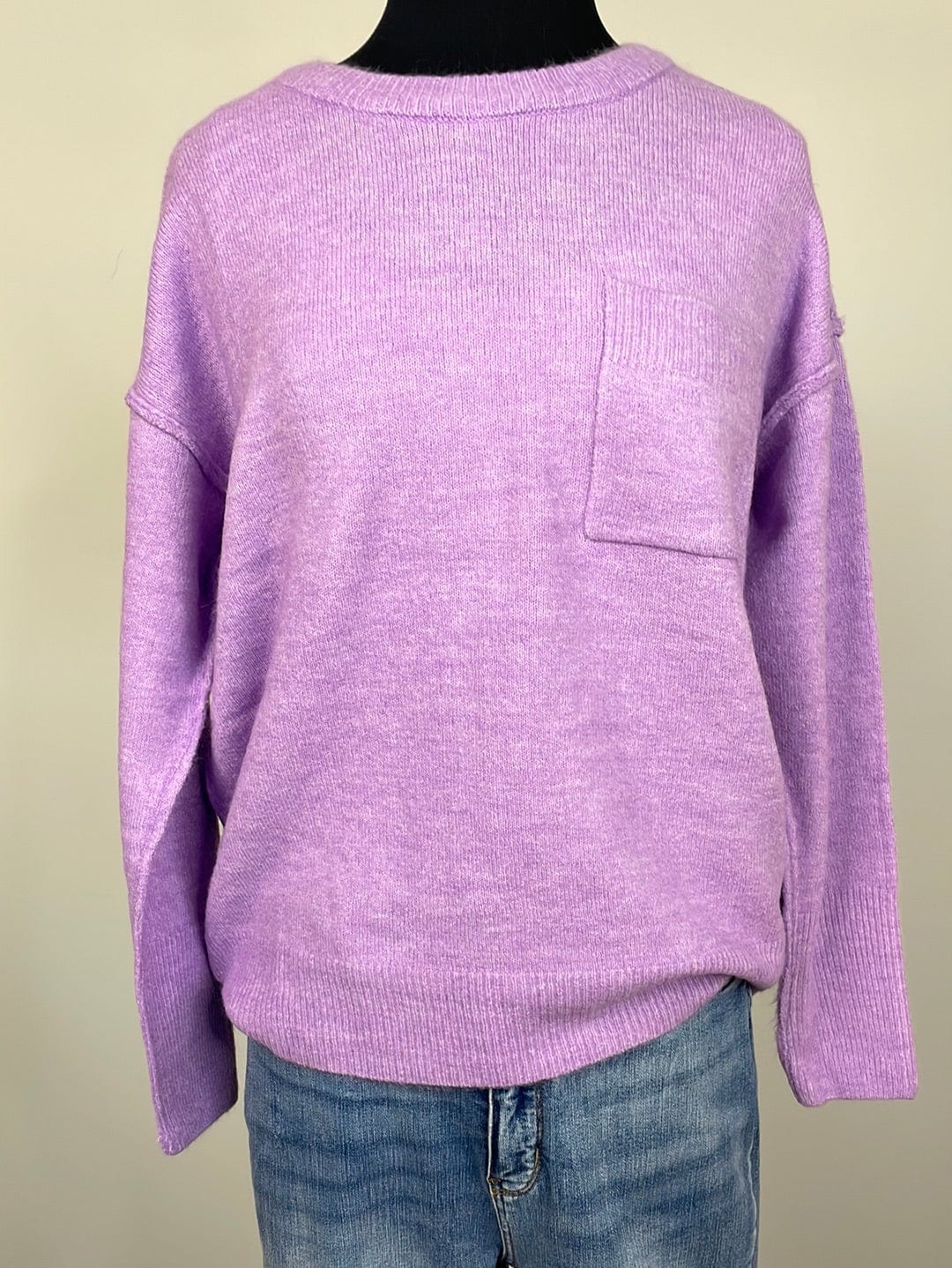 Heather Lavender Pocket Round Neck Sweater