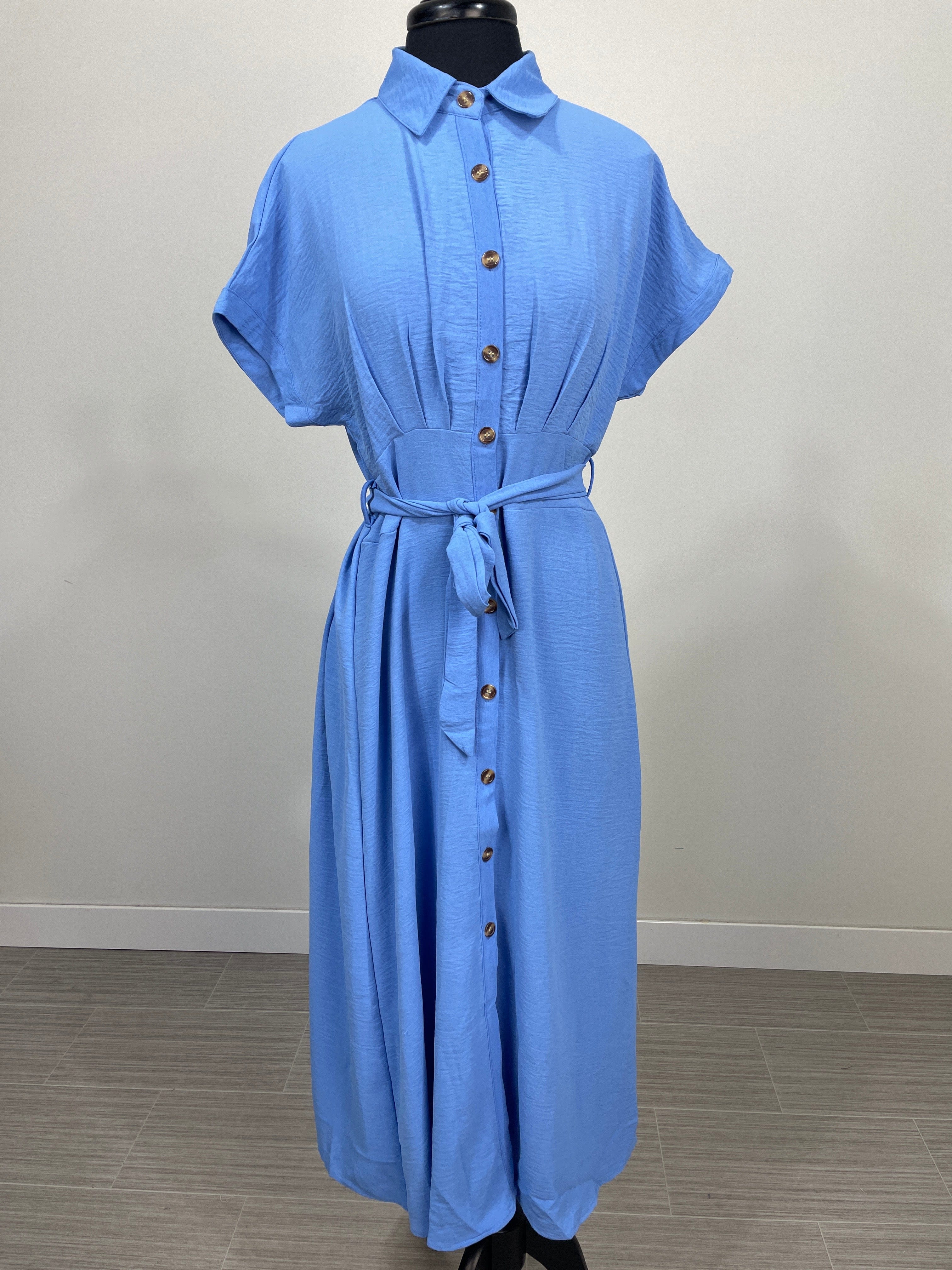 Blue Long Button Dress w/Belt