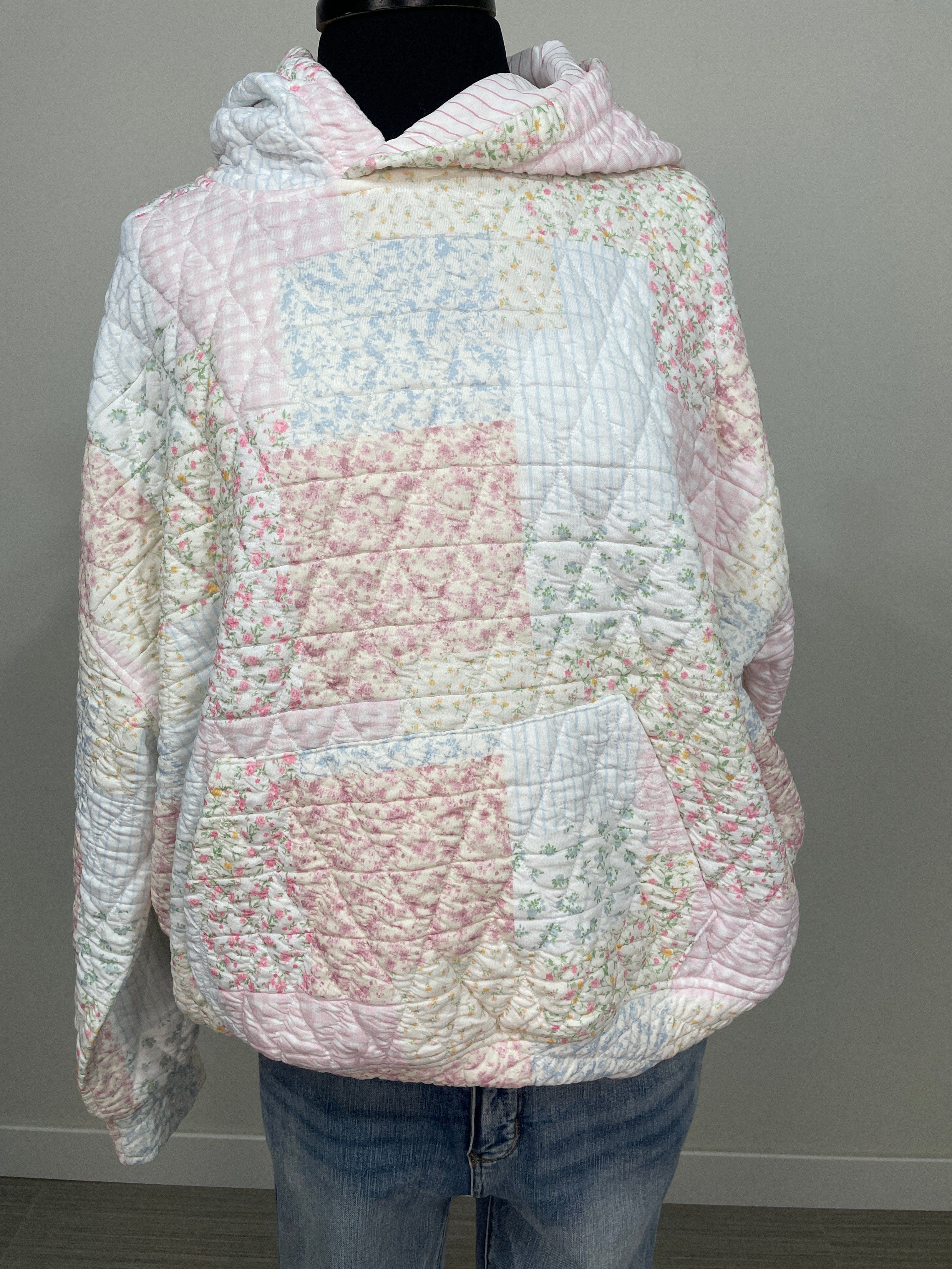 Ivory Multi Quilted Patchwork Hooded Top