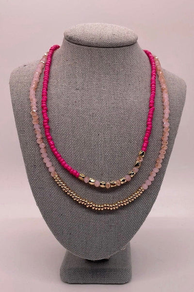 Fuchsia Seed Bead 2 Necklace Set, on stand
