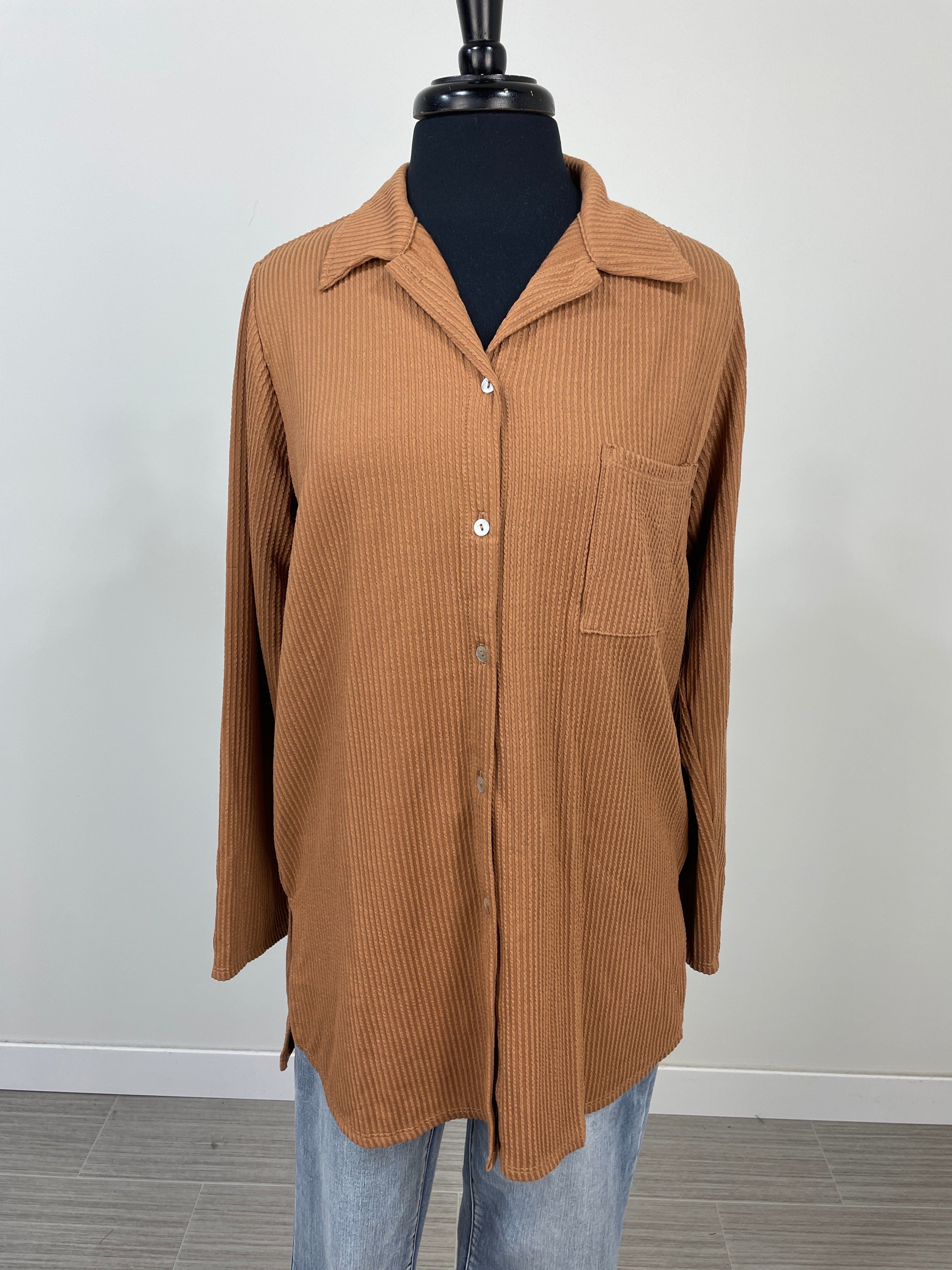 Camel Texture Ribbed Pocket Button Top