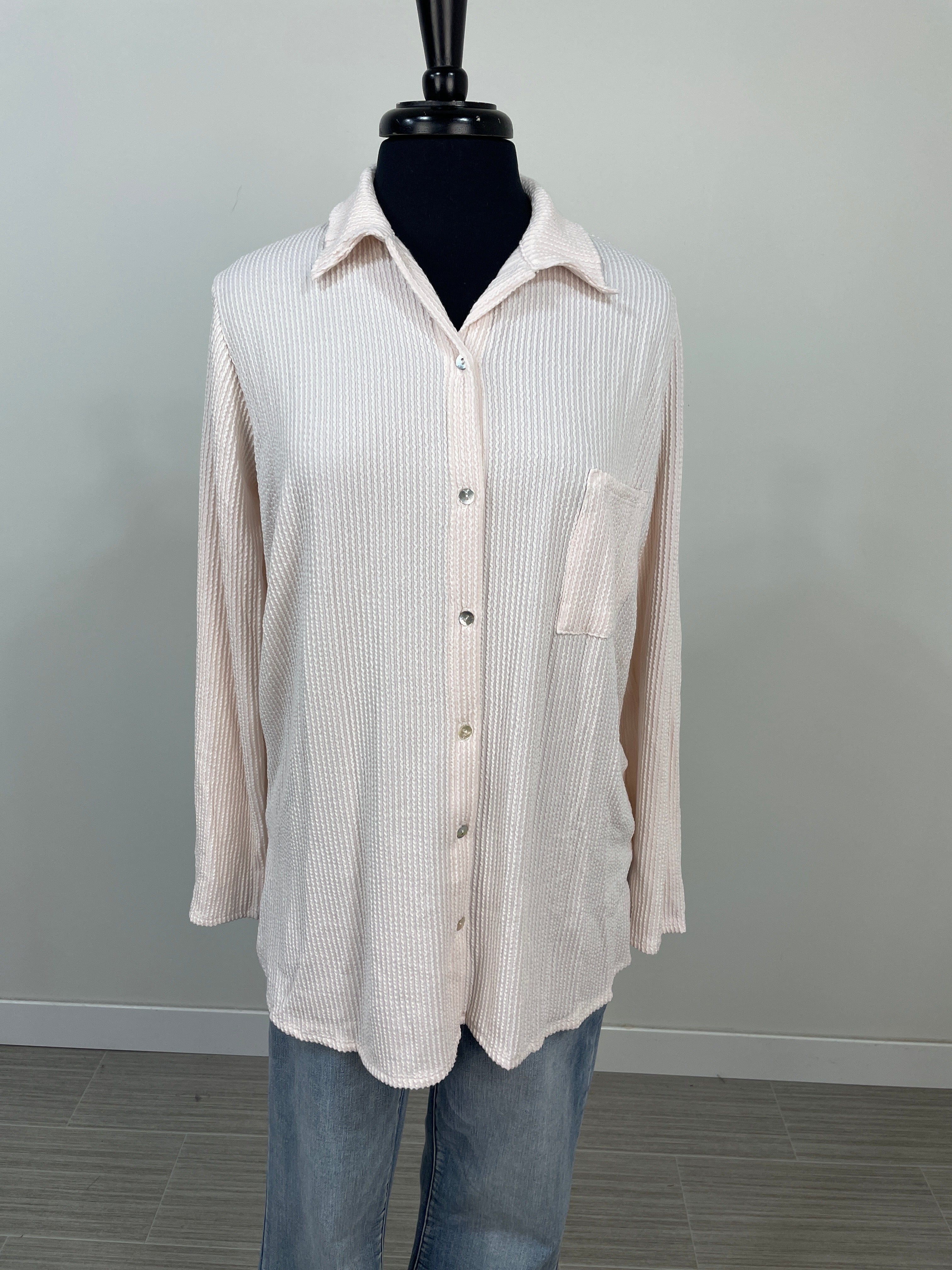 Cream Texture Ribbed Pocket Button Top