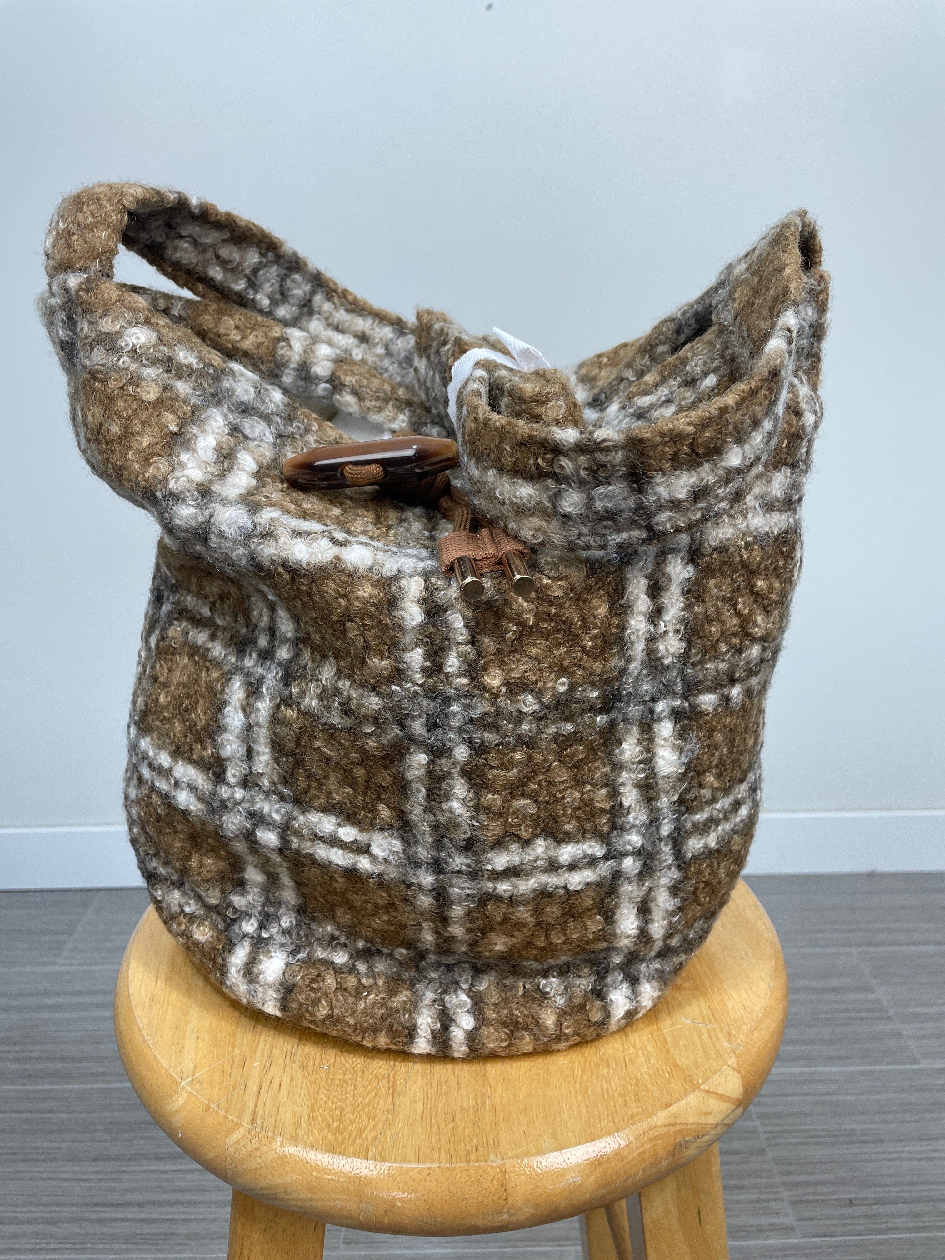 Brown Plaid Bucket Shoulder Bag
