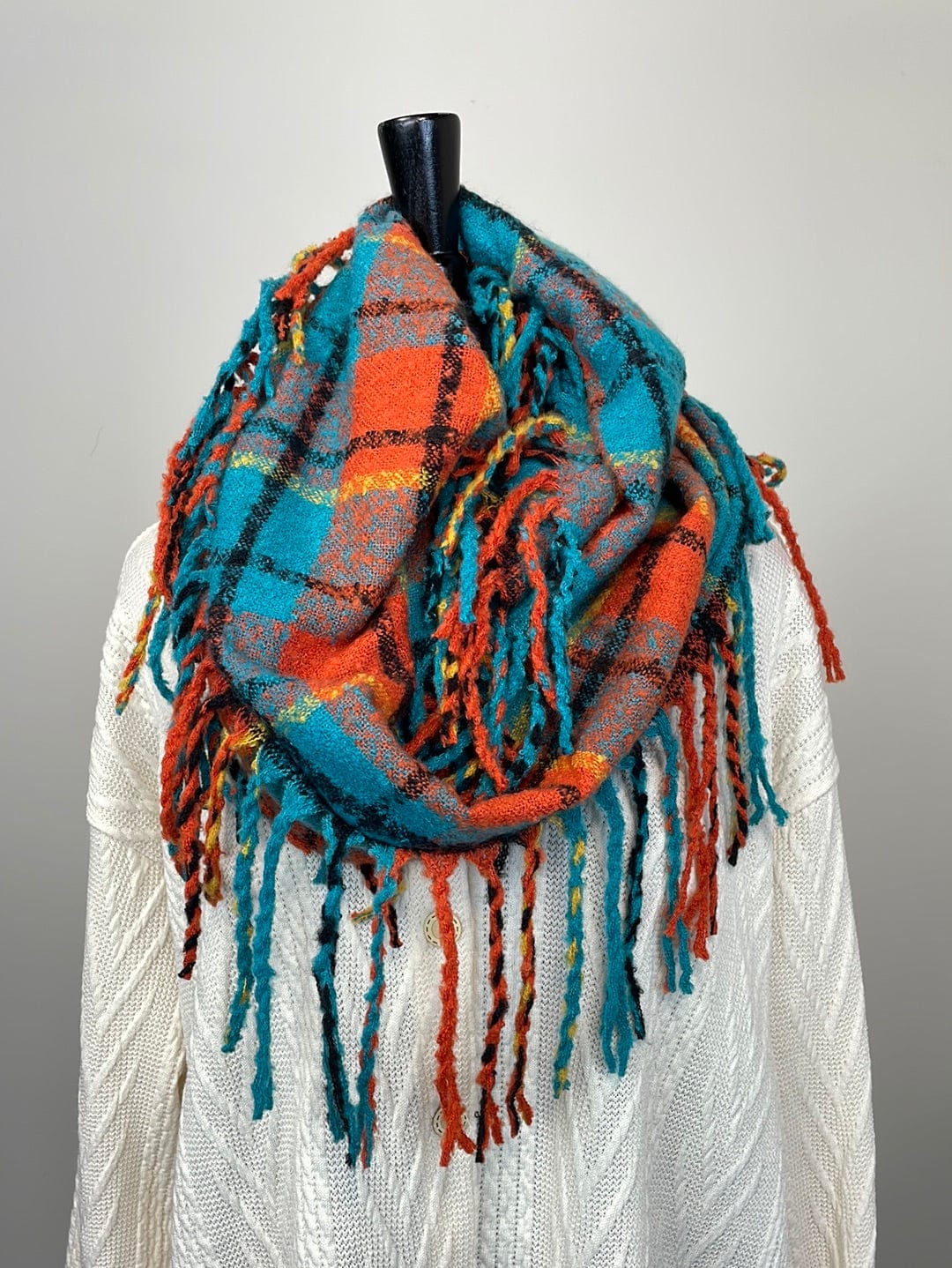 Teal Plaid Infinity Fringe Scarf