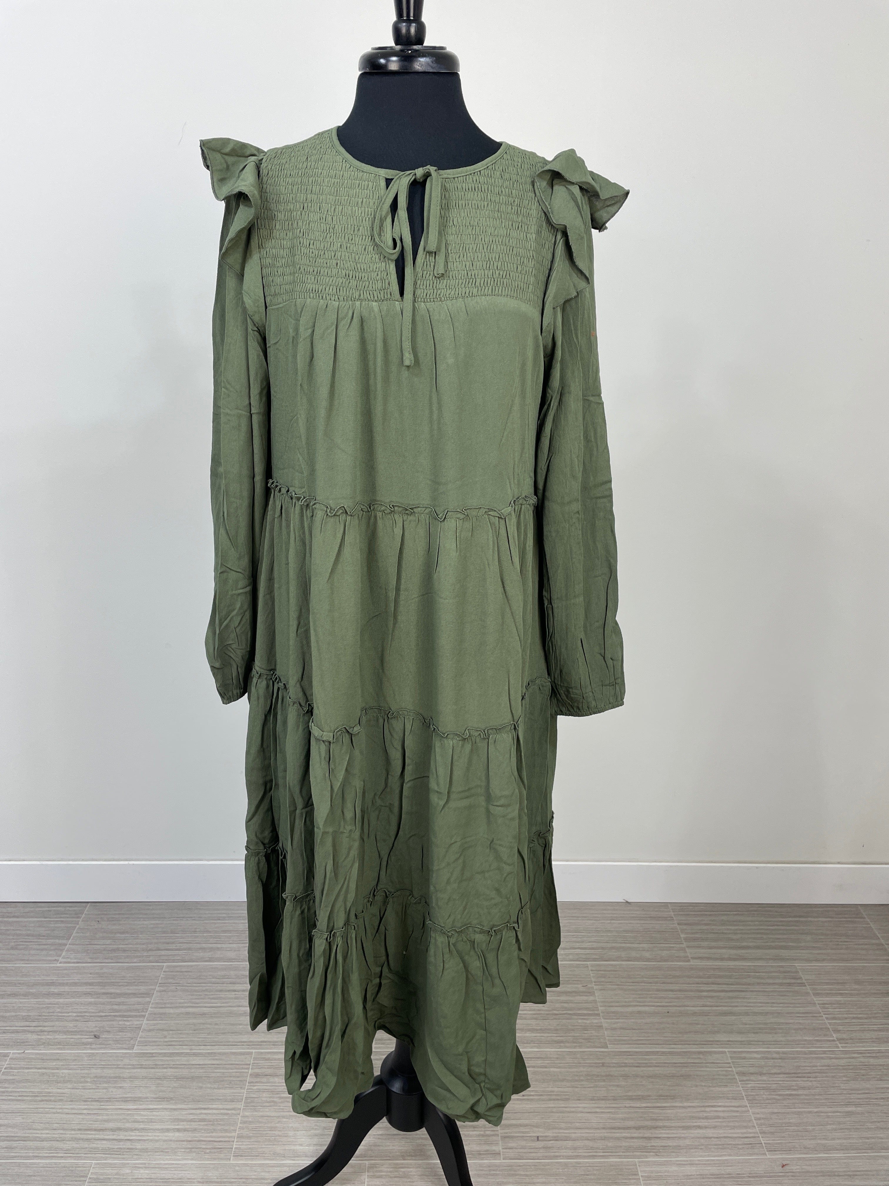 Olive Smocked Tiered Midi Dress