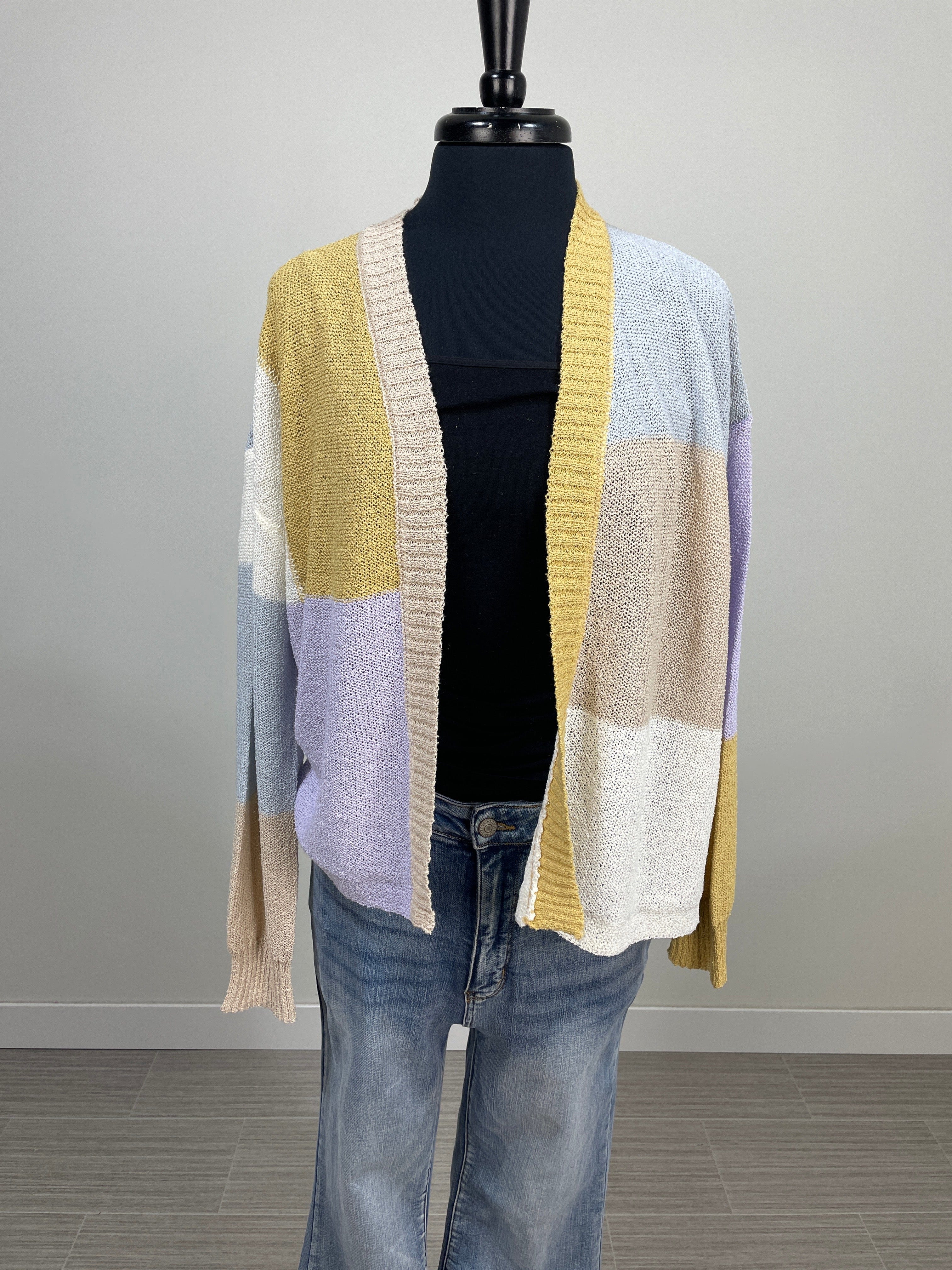 Taupe & Purple Color Block Open Cardigan