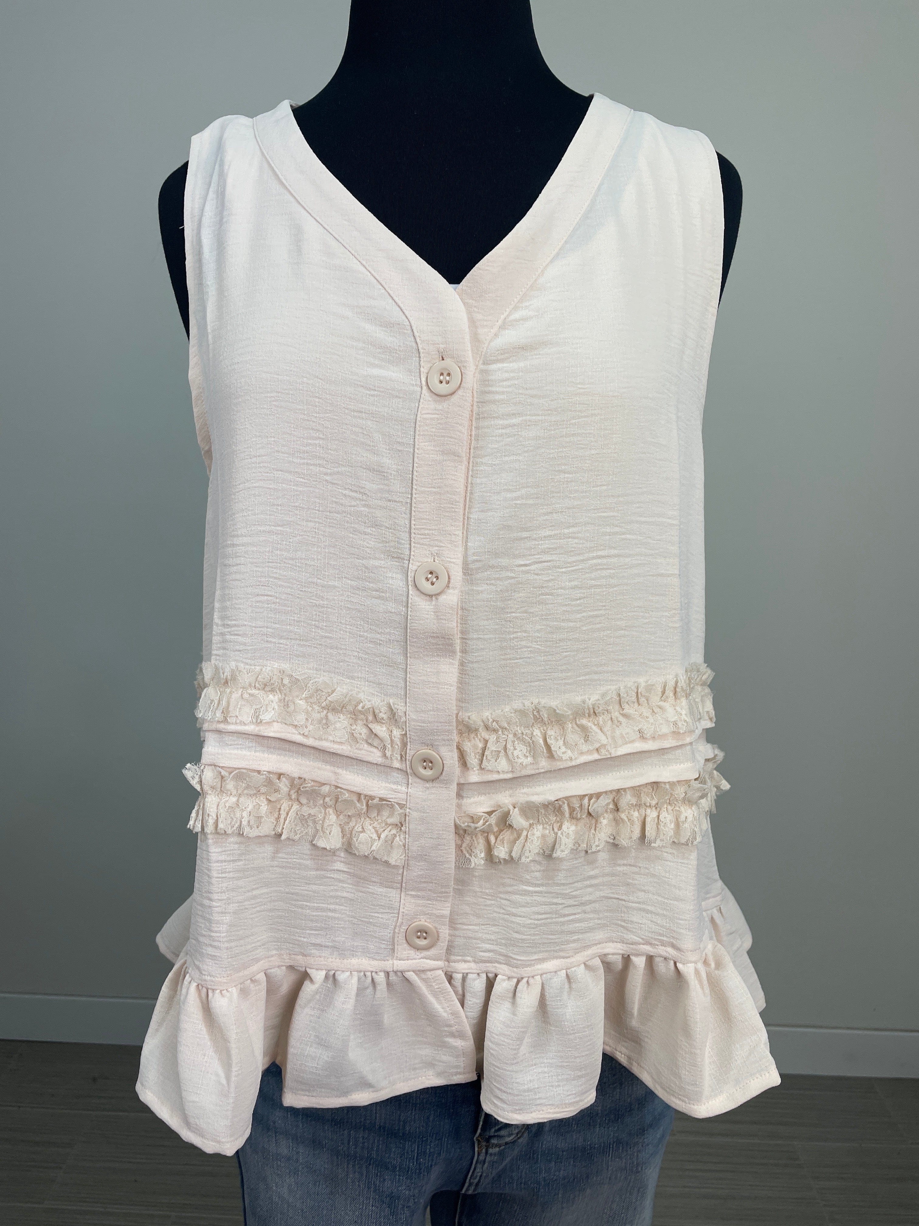Beige Ruffle & Button Vest