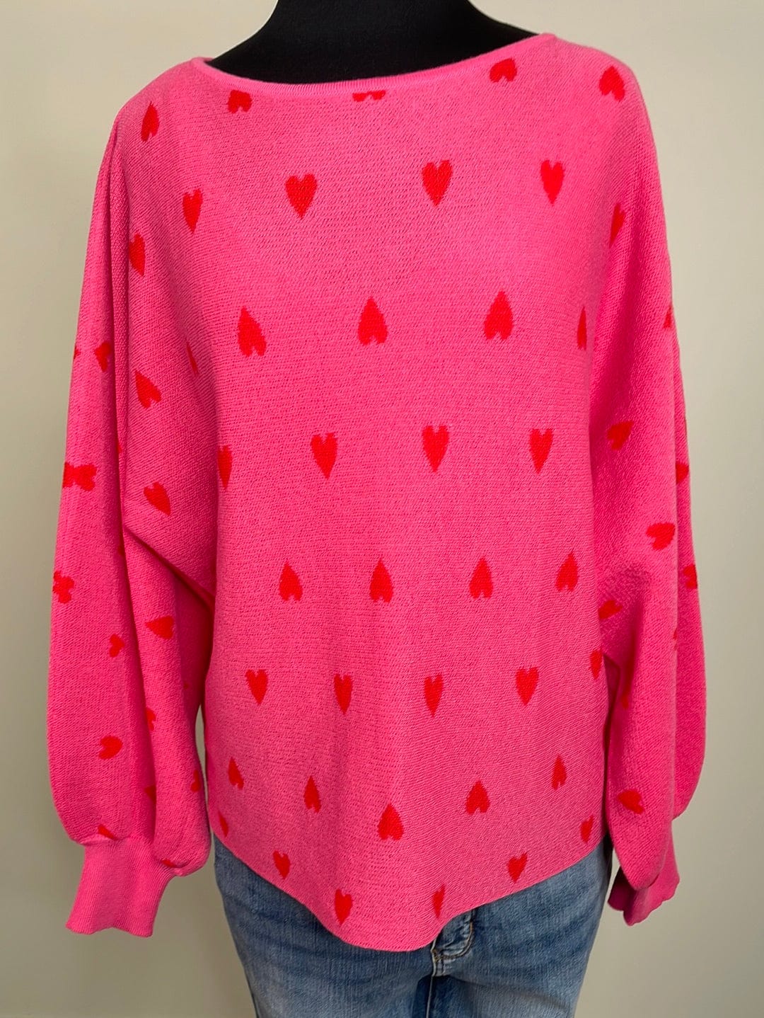 Pink Heart Jaquard Balloon Sleeve Sweater