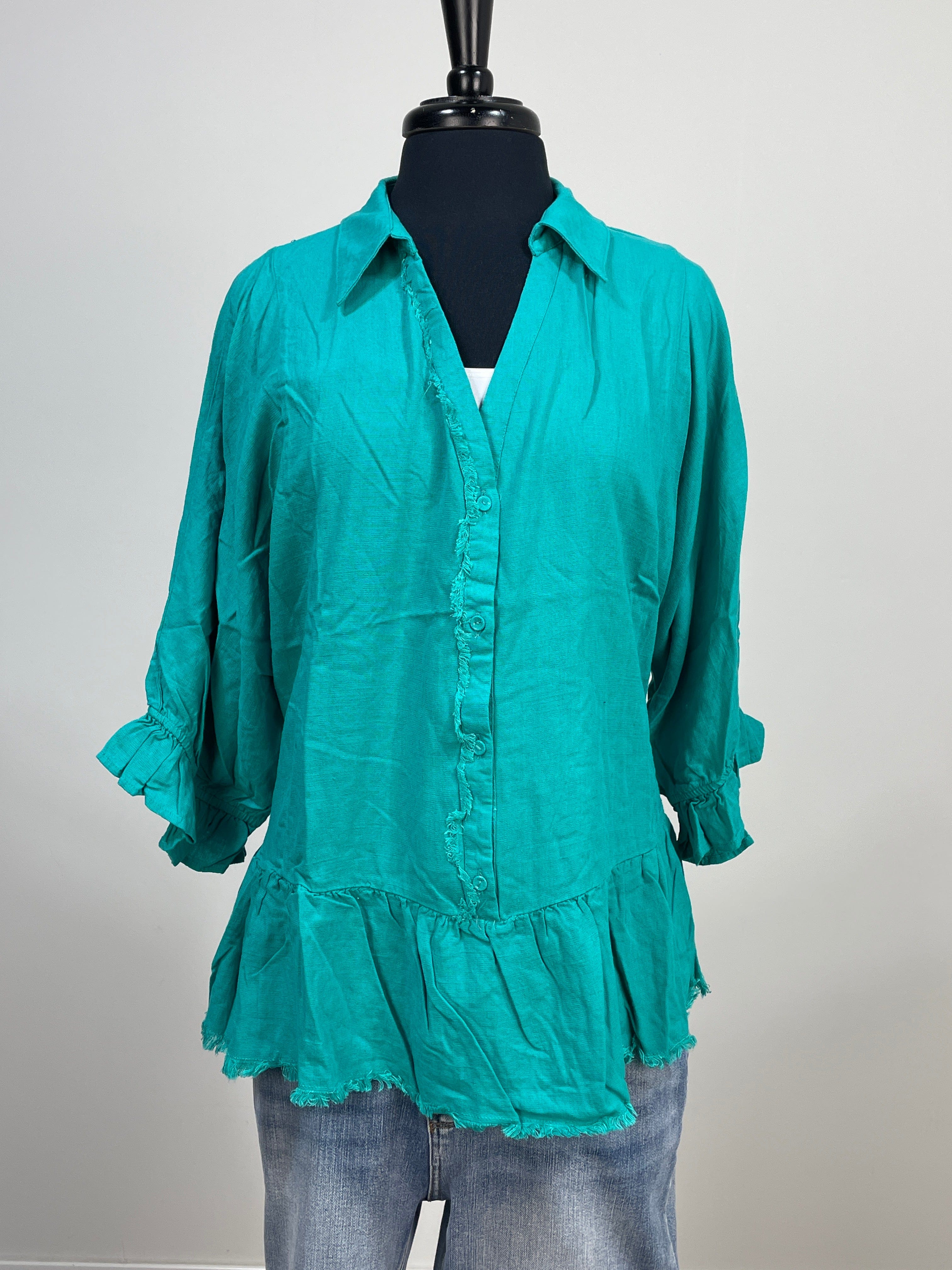 Jade Linen Button Detail and Frayed Hemline Top