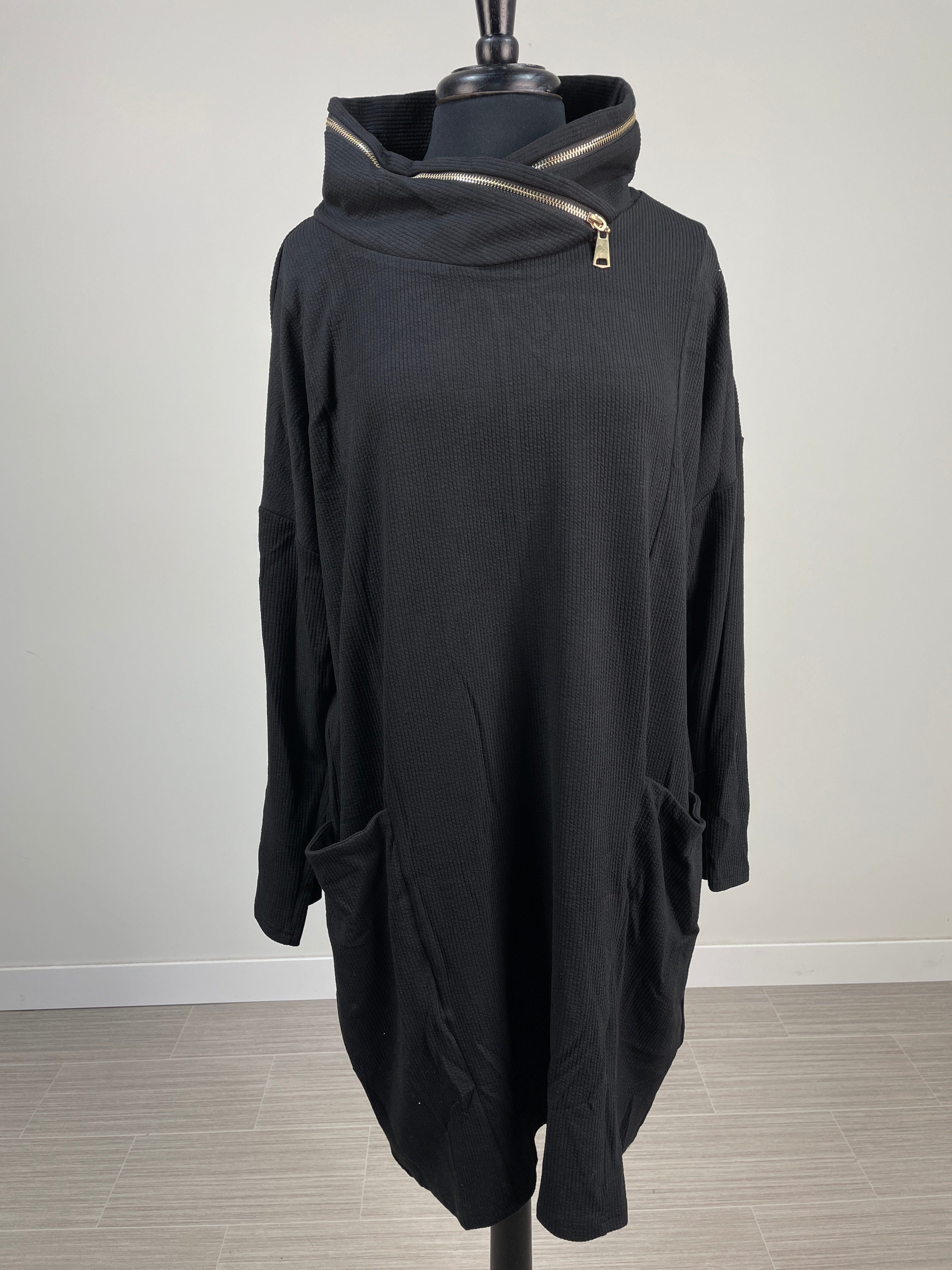 Black Zipper Cowl Neck Dress