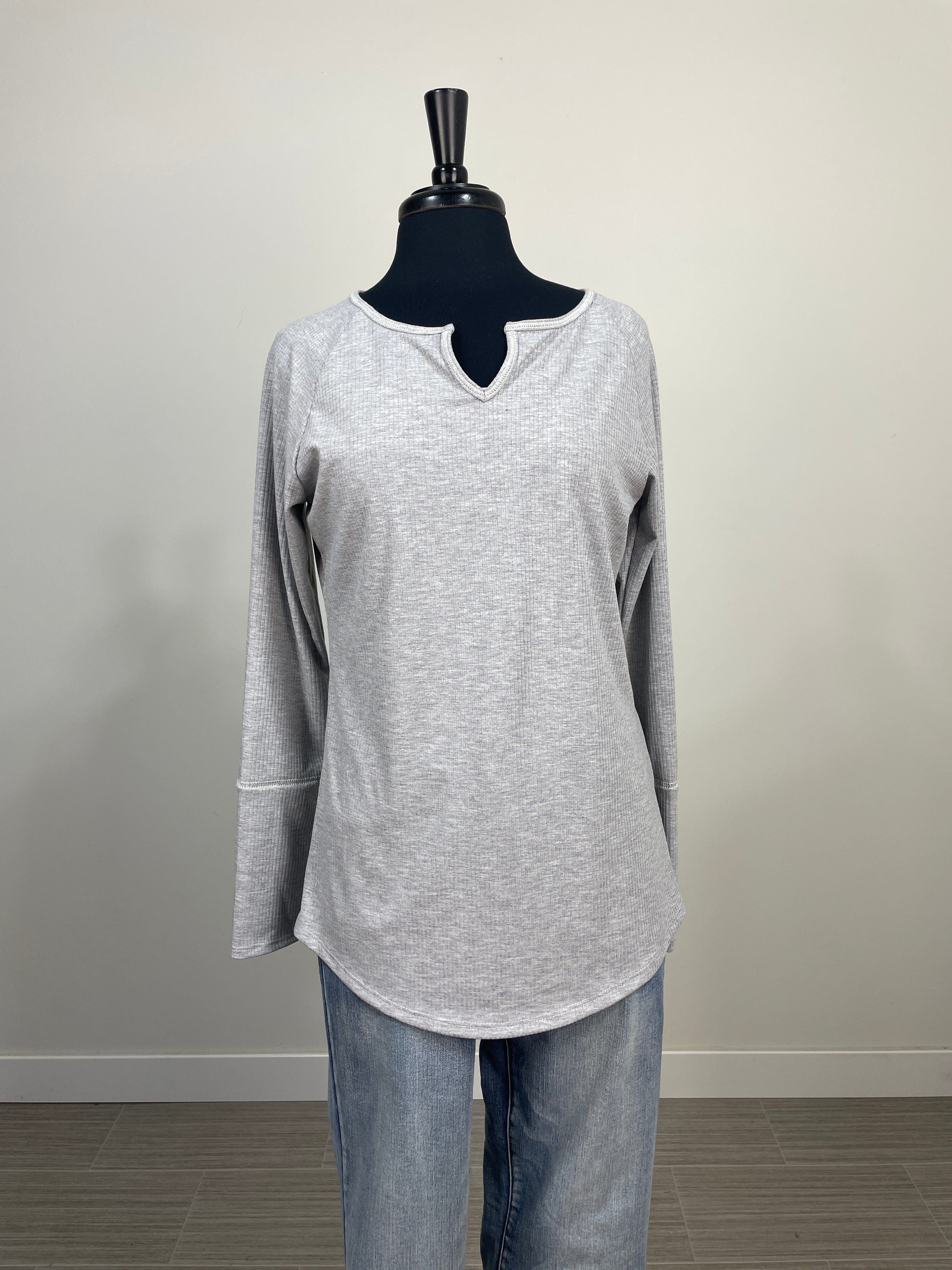 Heather Gray Ribbed Split Neck Top
