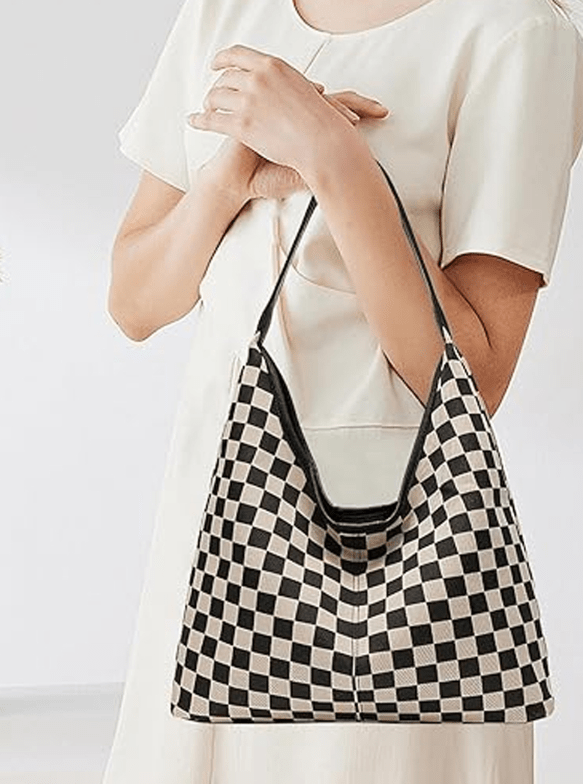 Black Checkered Hobo Tote Bag