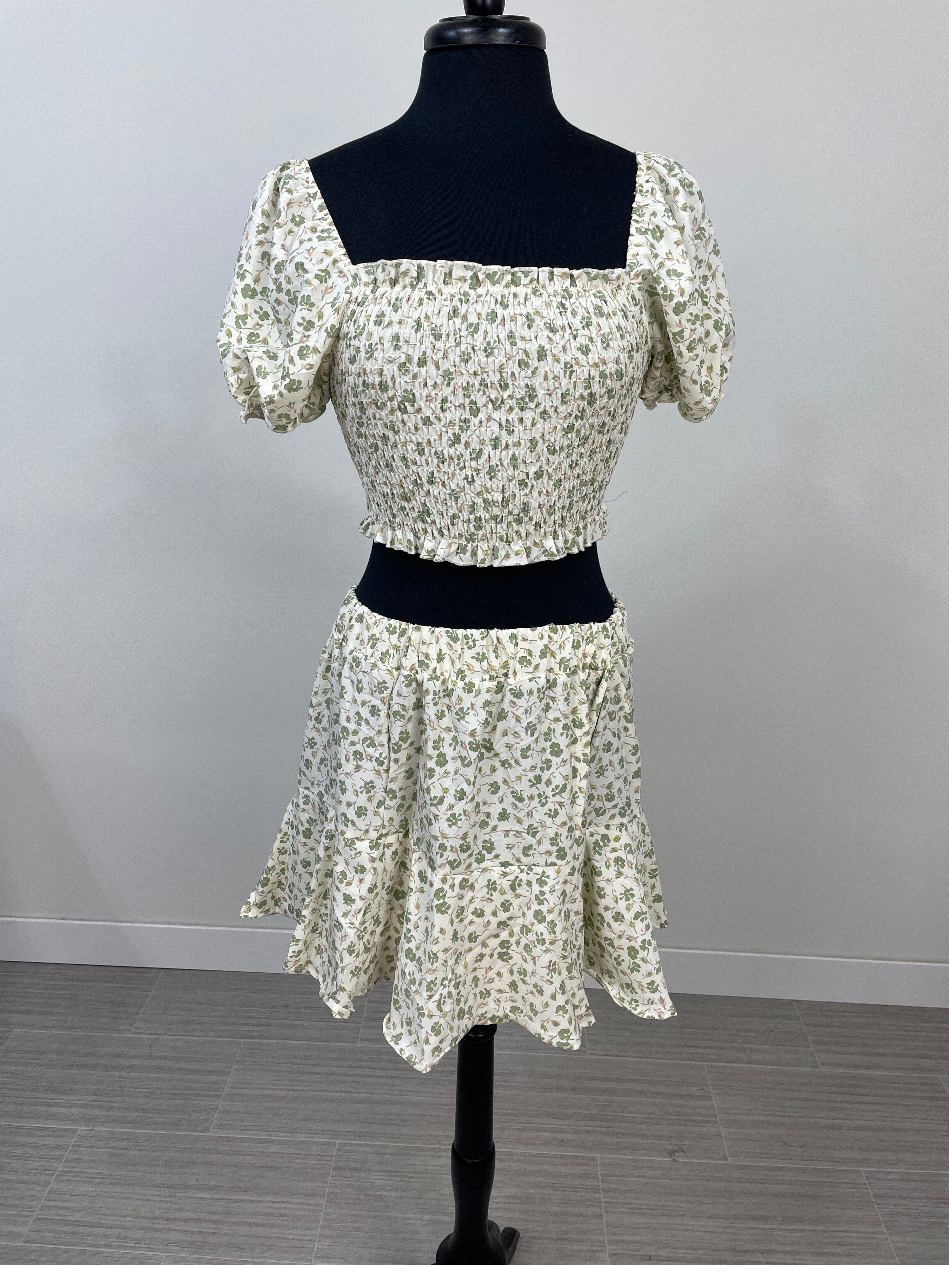 Cream & Green Floral 2pc Skirt & Crop Top Set