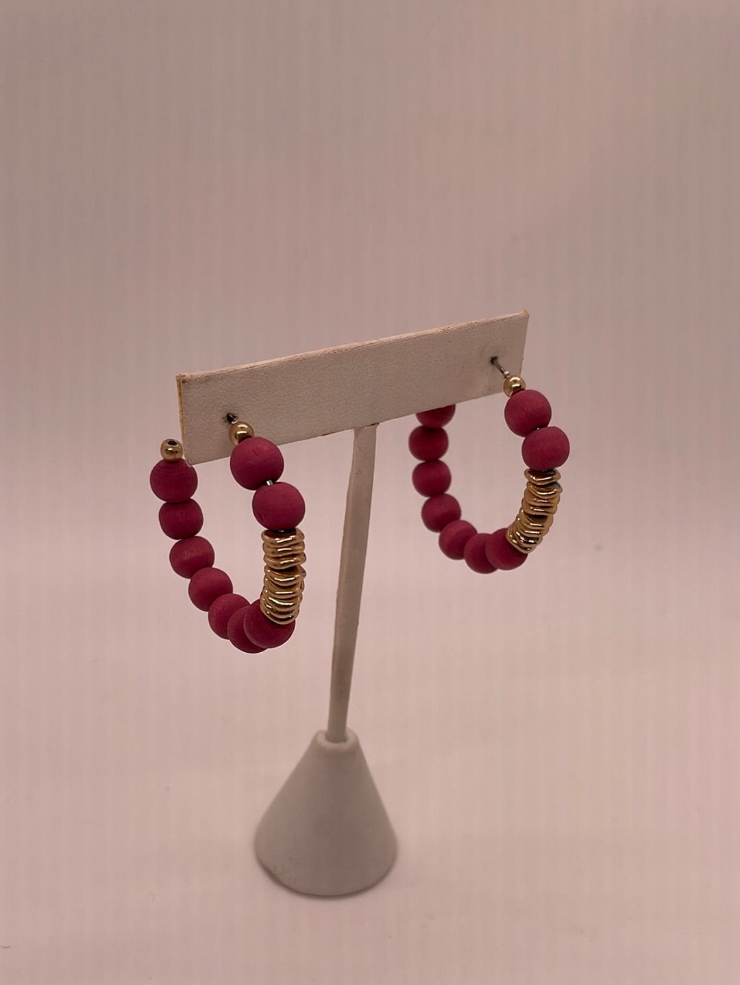 Fuchsia Wood Bead & Gold Hoop Earring