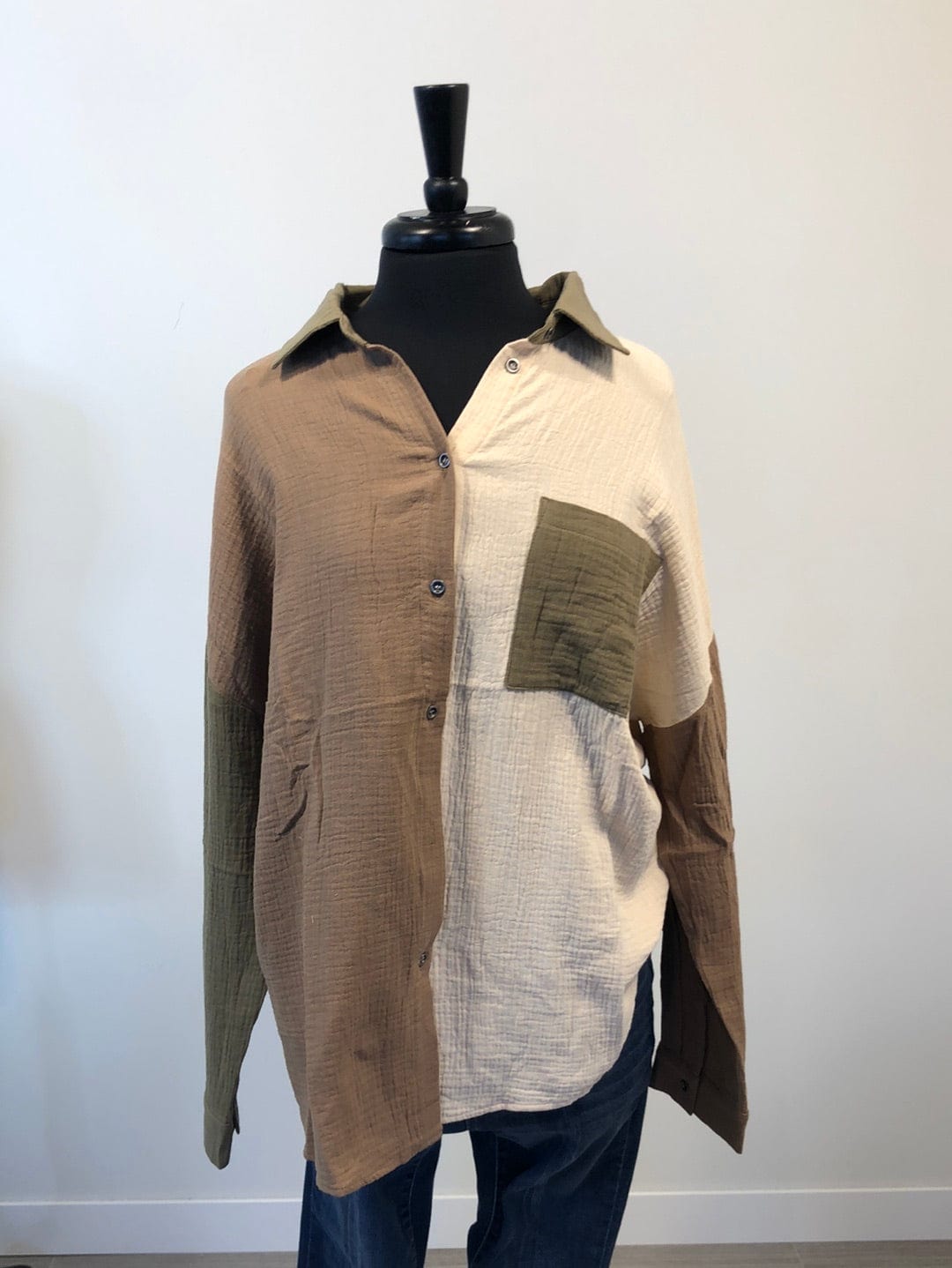 Mocha & Olive Colorblock Button Top