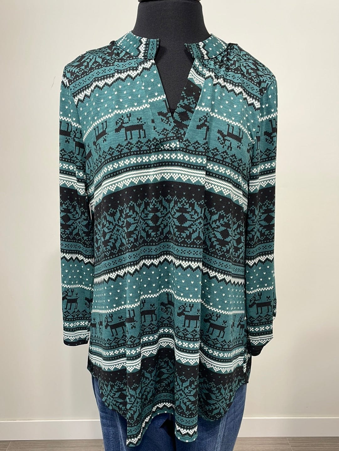 Reindeer & Snowflake Hunter Green Lizzy Top