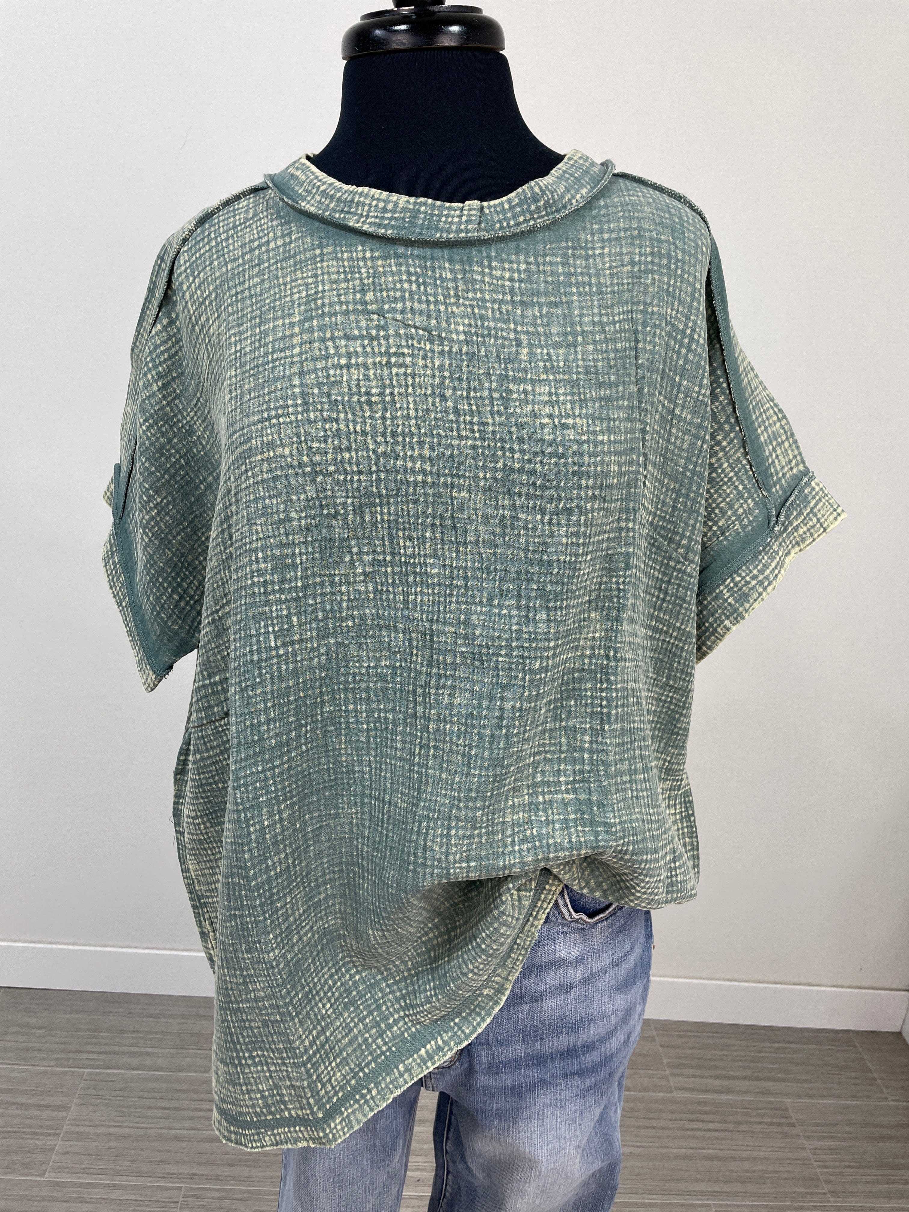 Ash Jade Acid Wash Gauze Cuffed Tee