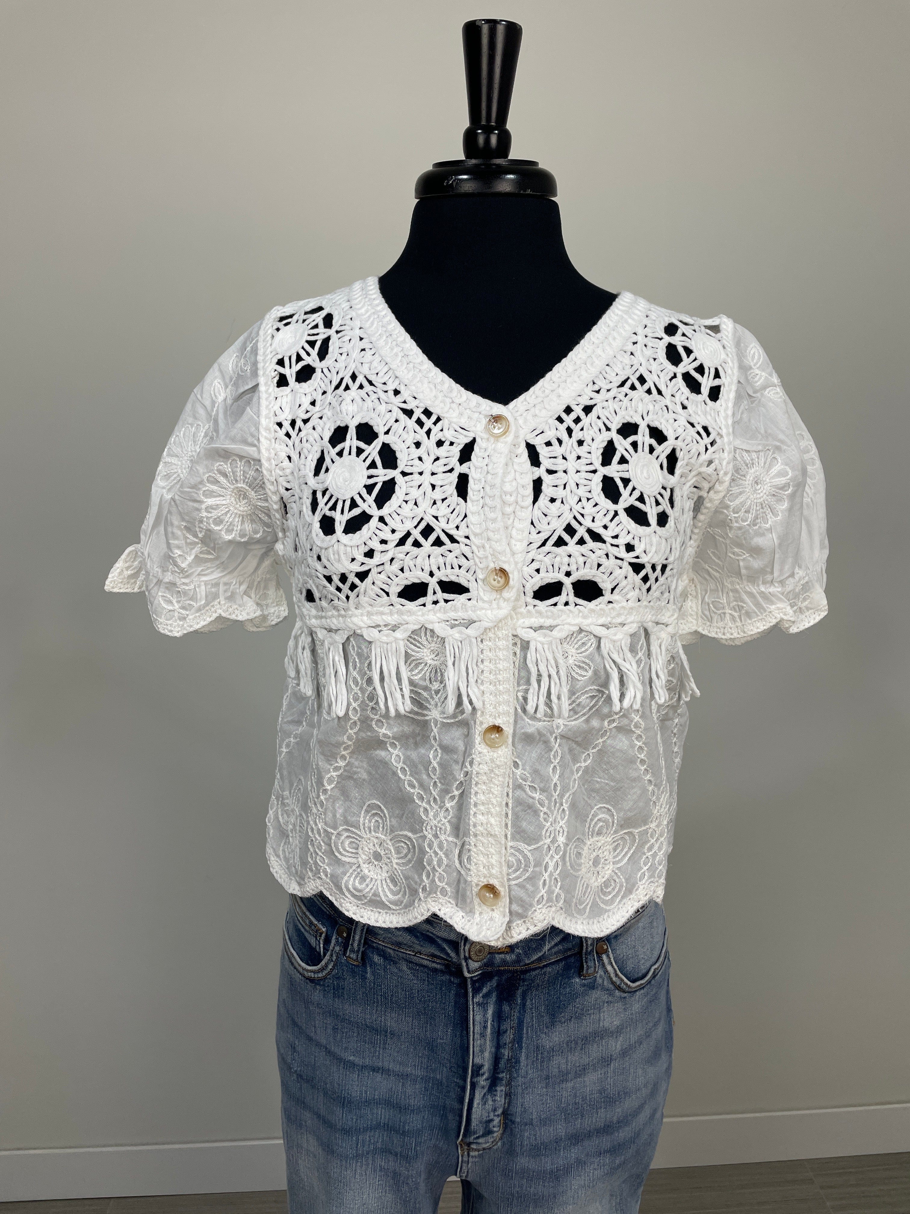 White Floral Crochet Top OS